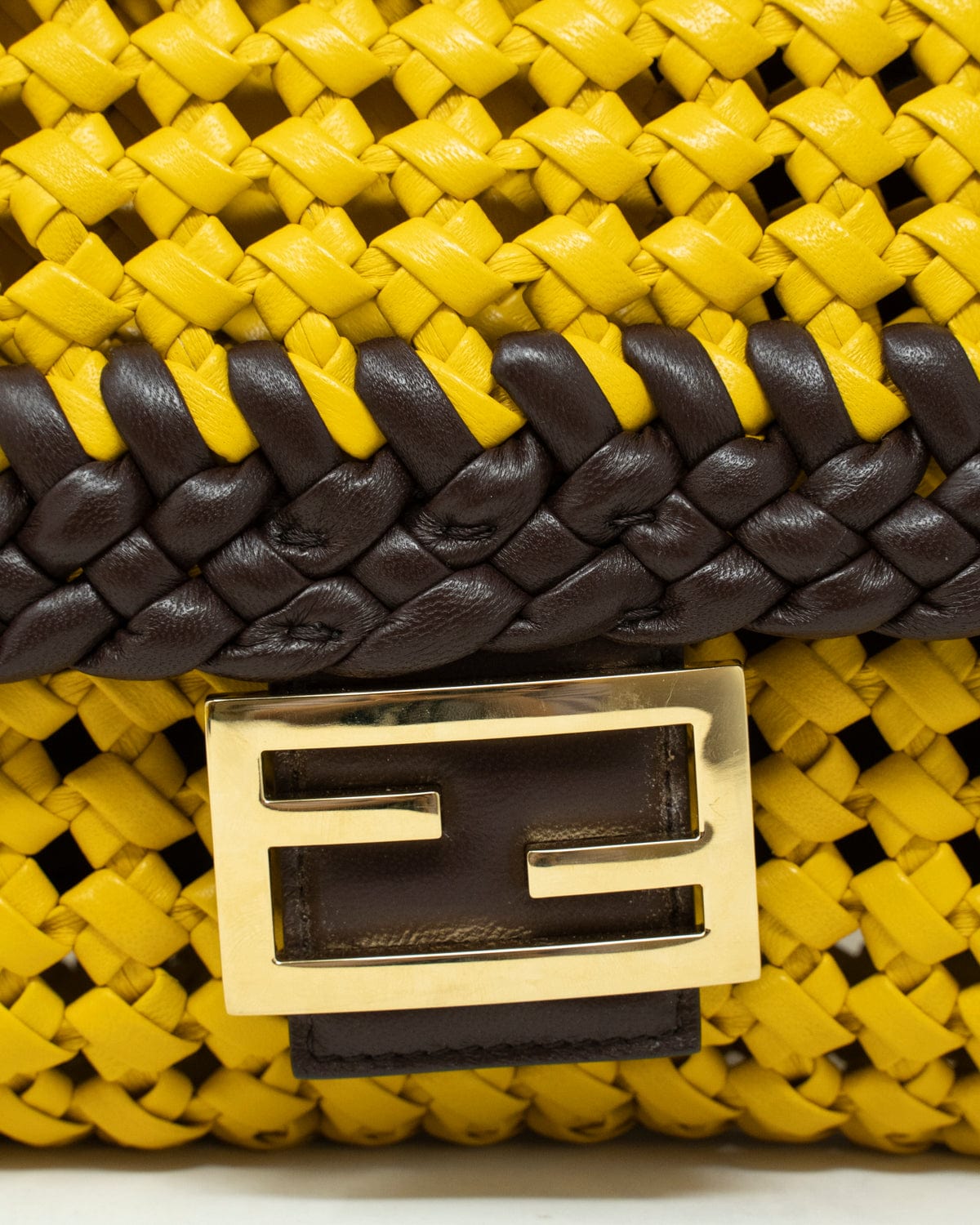 Fendi Fendi Yellow and Brown Woven Leather Baguette Bag - AGL1583