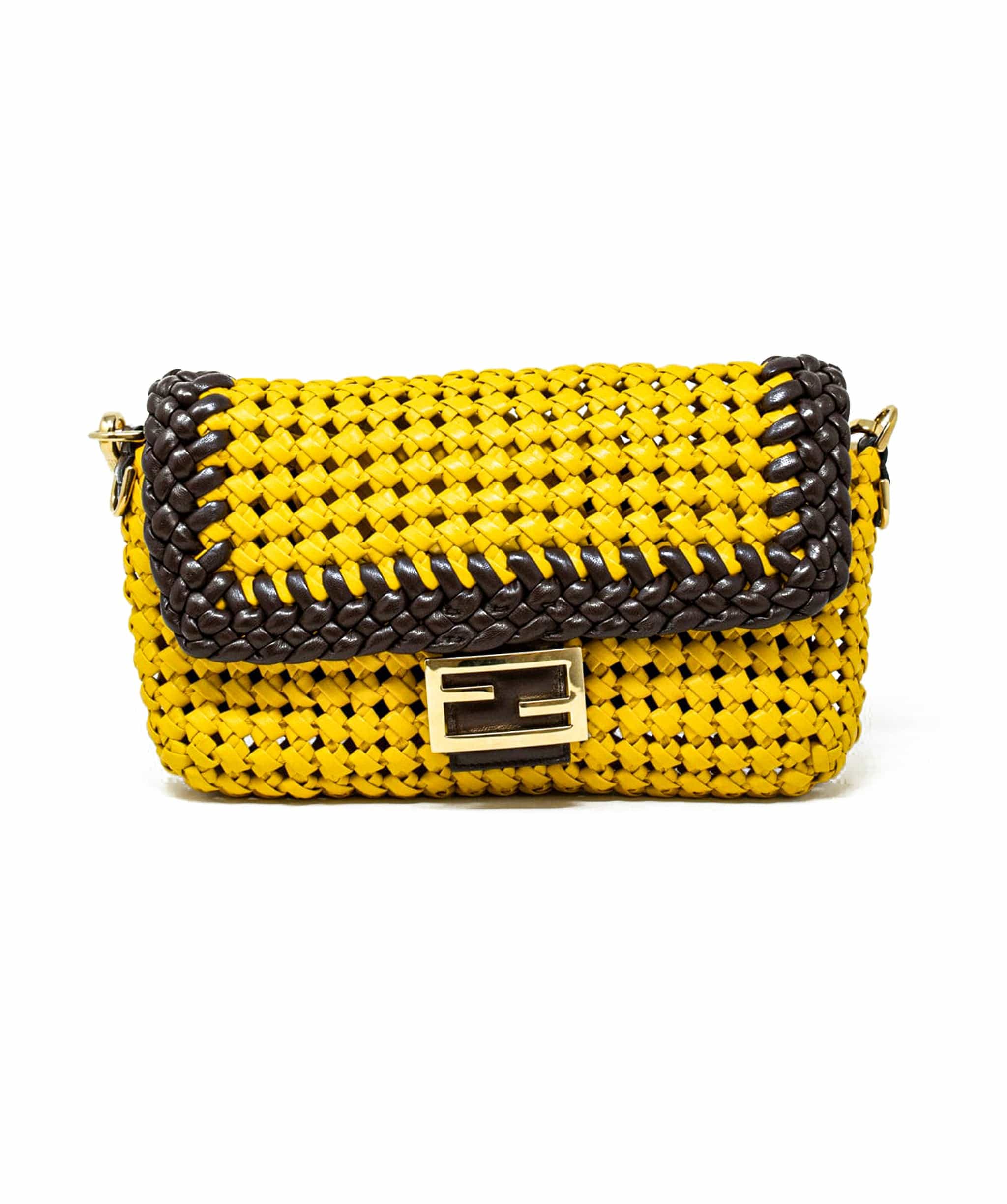 Fendi Fendi Yellow and Brown Woven Leather Baguette Bag - AGL1583