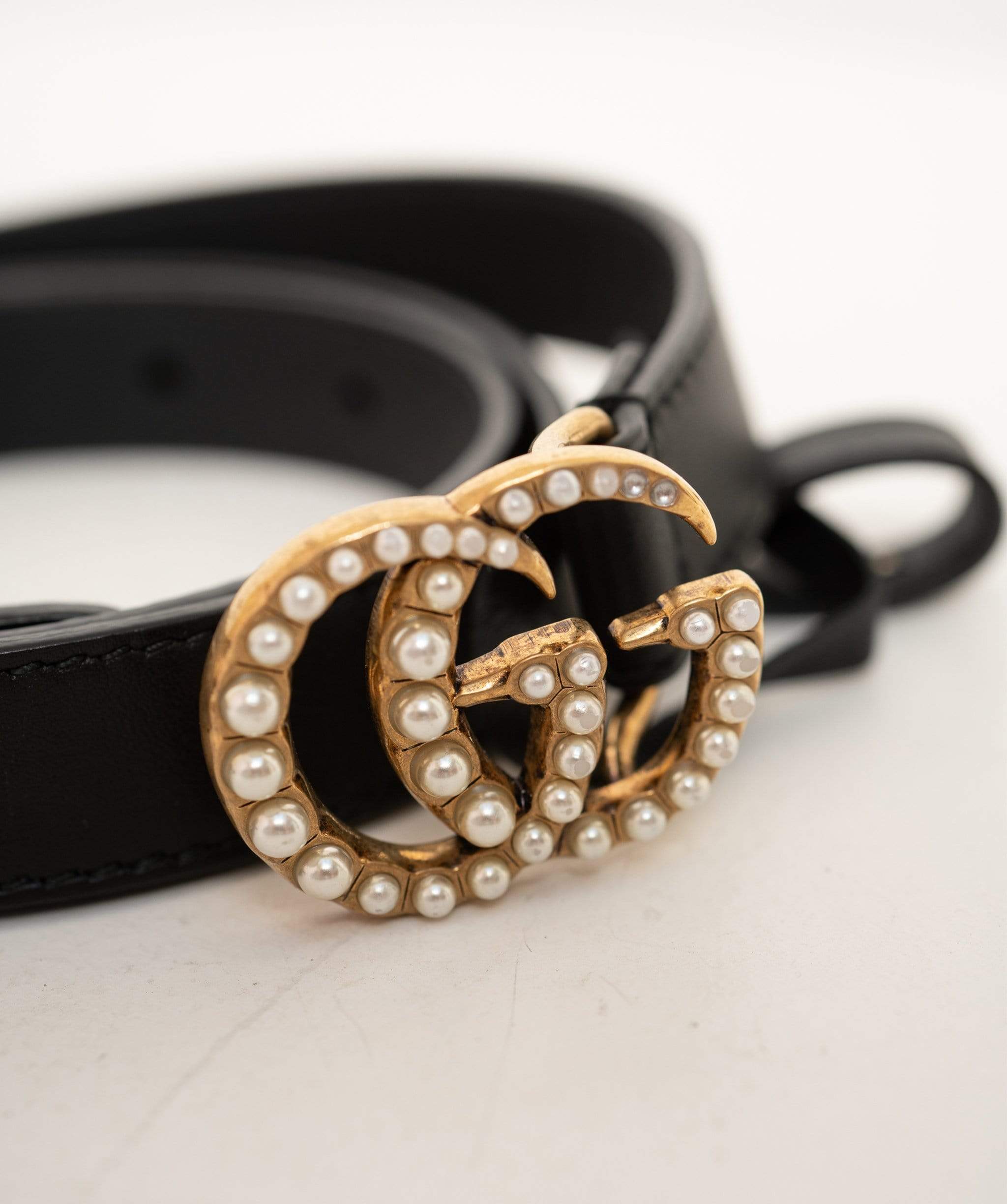 Gucci Gucci GG Black Leather Belt Pearl Detail  AGL1067