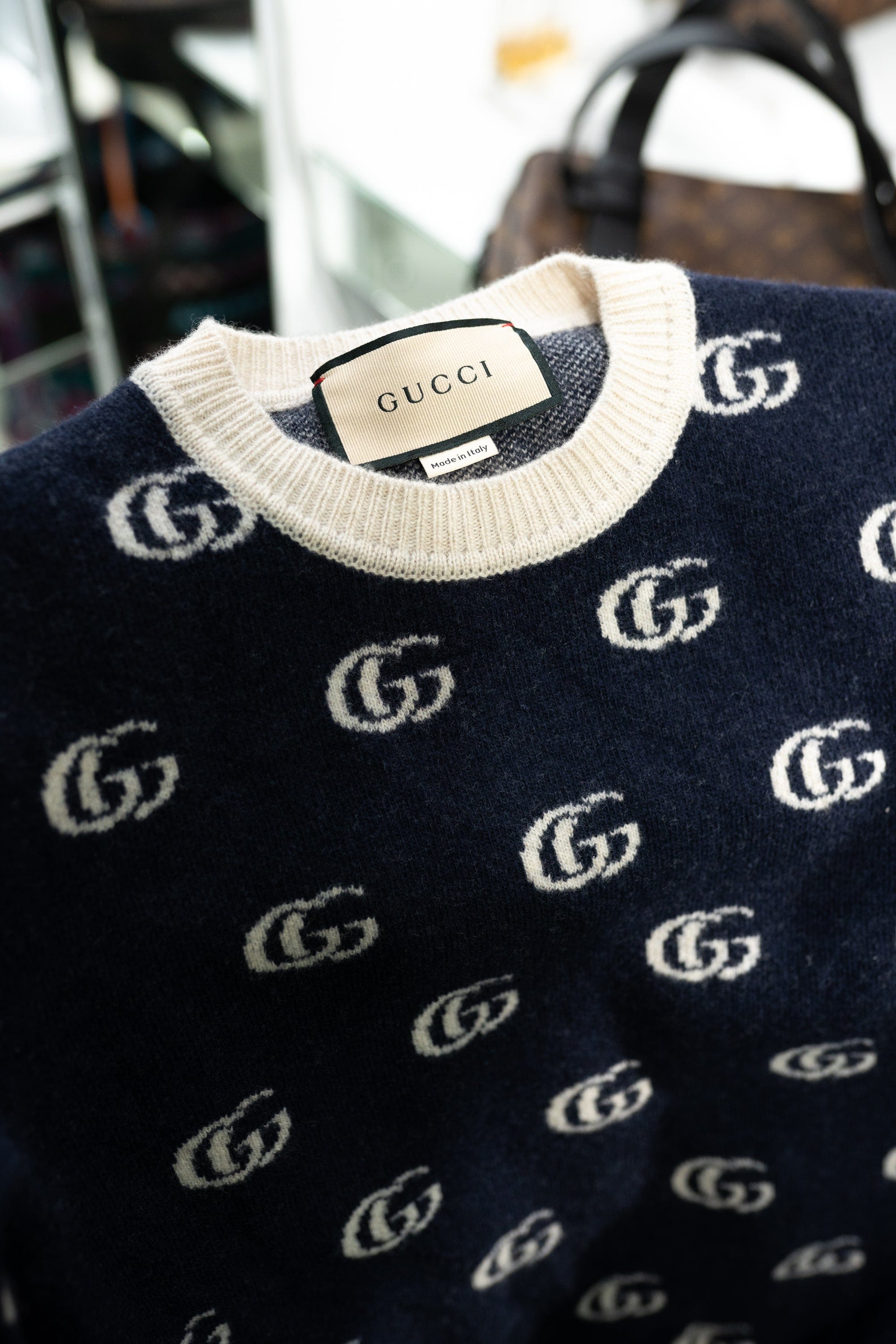 Gucci Gucci Navy GG Wool Sweater with Cream trim - AWL2785