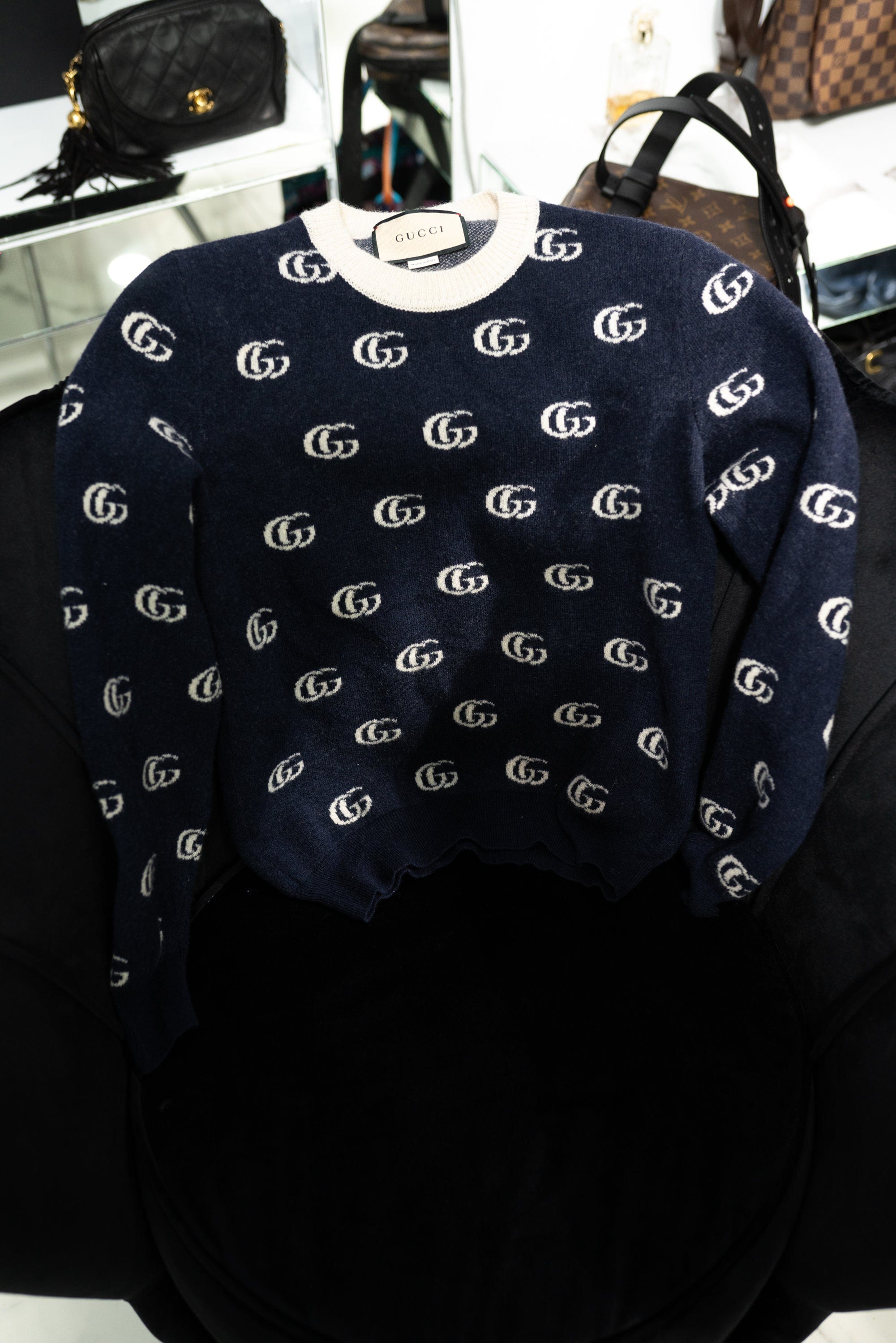 Gucci Gucci Navy GG Wool Sweater with Cream trim - AWL2785