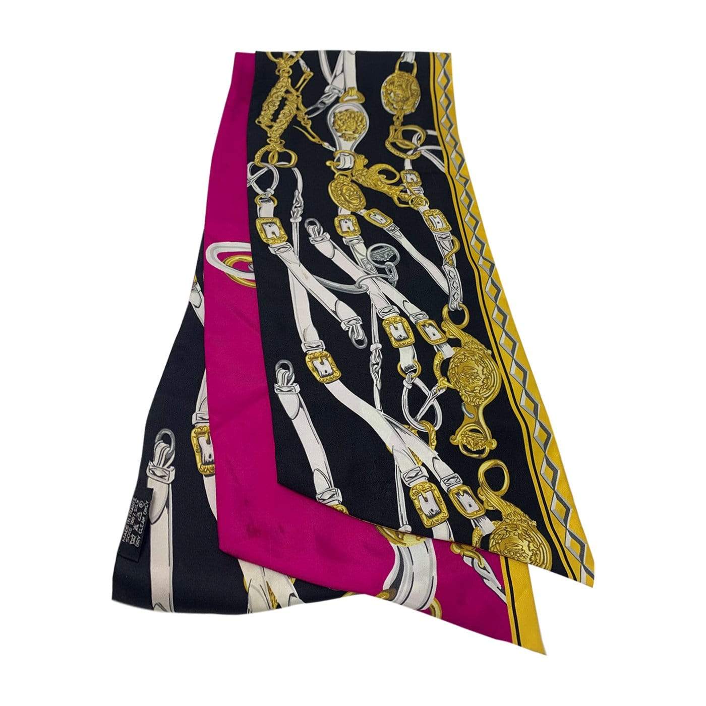 Hermès Hermes Silk Scarf Featuring Gold Chain Detail Black and Pink