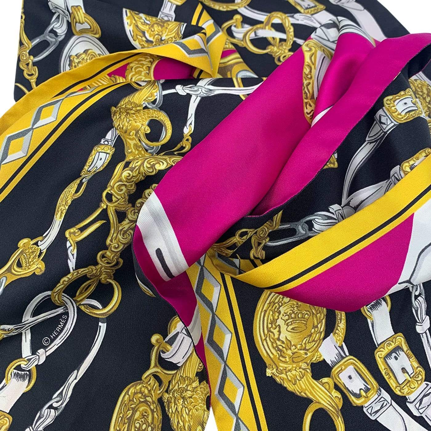 Hermès Hermes Silk Scarf Featuring Gold Chain Detail Black and Pink