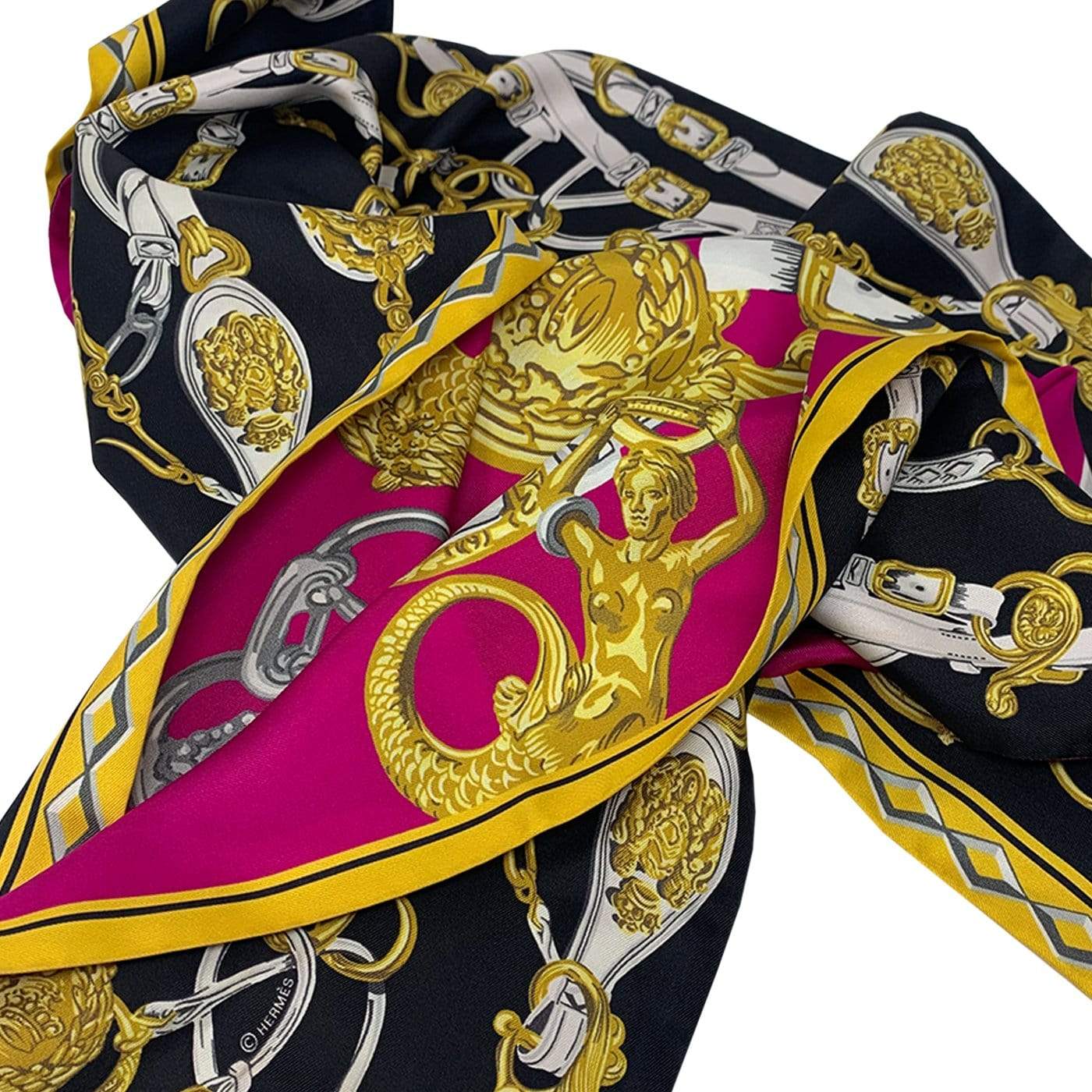 Hermès Hermes Silk Scarf Featuring Gold Chain Detail Black and Pink