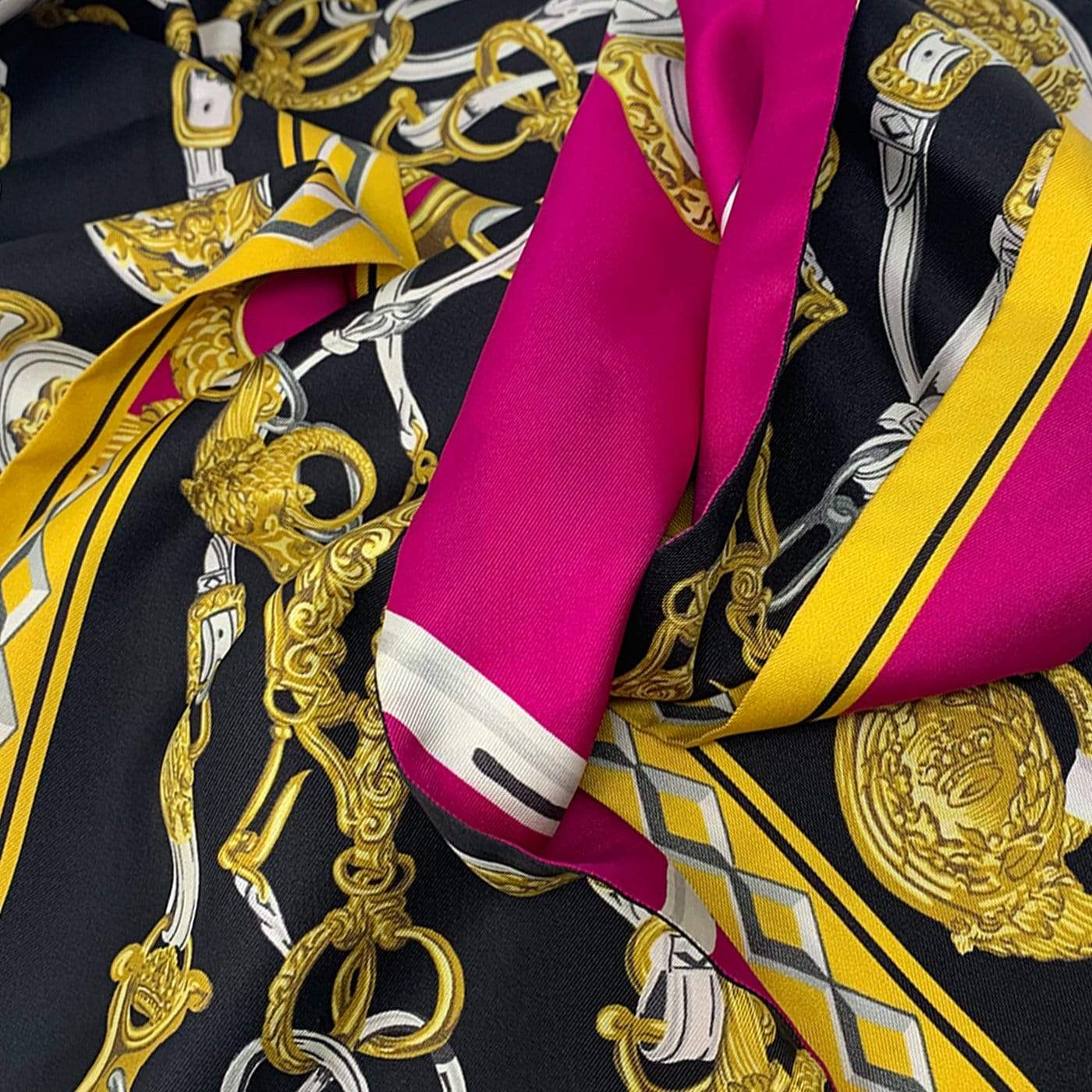 Hermès Hermes Silk Scarf Featuring Gold Chain Detail Black and Pink