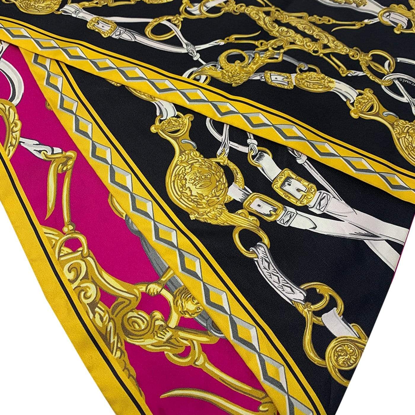 Hermès Hermes Silk Scarf Featuring Gold Chain Detail Black and Pink