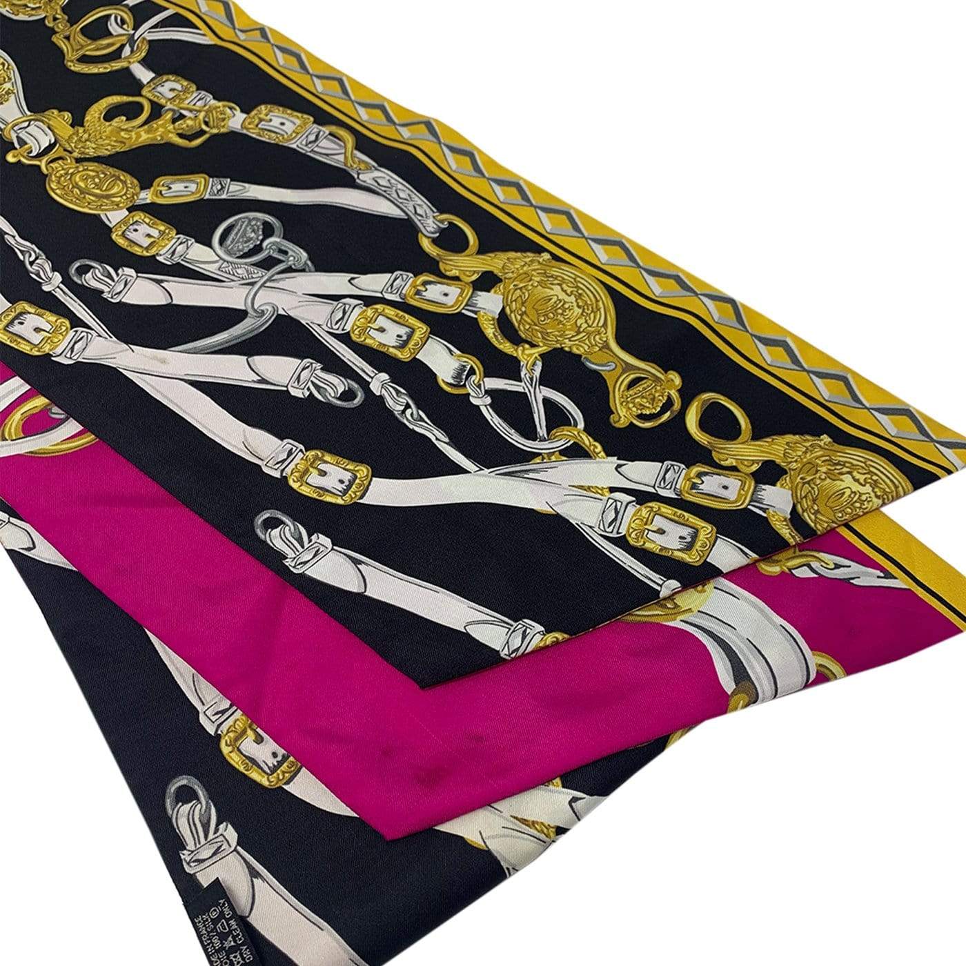 Hermès Hermes Silk Scarf Featuring Gold Chain Detail Black and Pink