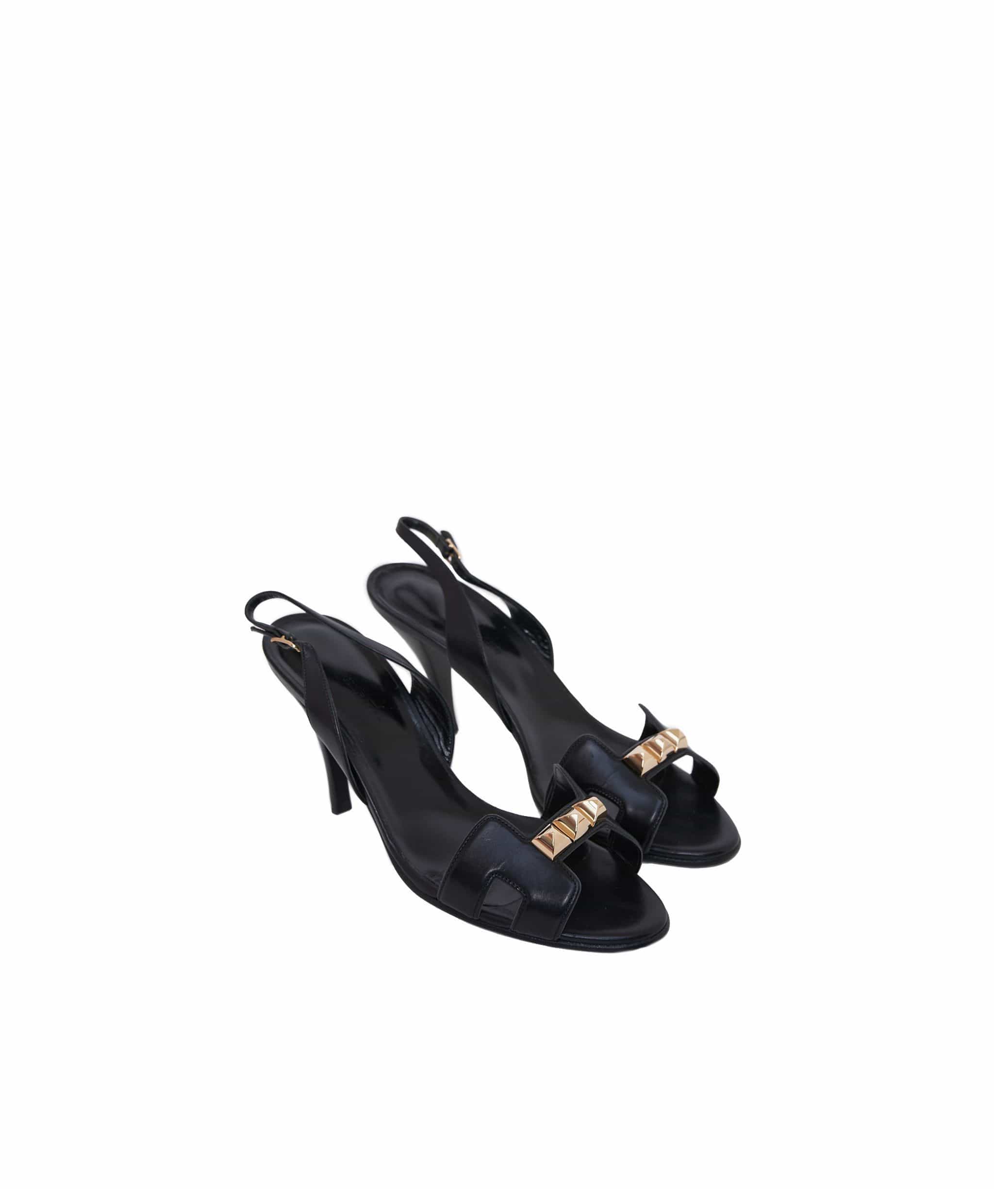 Hermès Hermes Black Leather Semelle Cuir Heeled Sandals Size 39 AGC1009