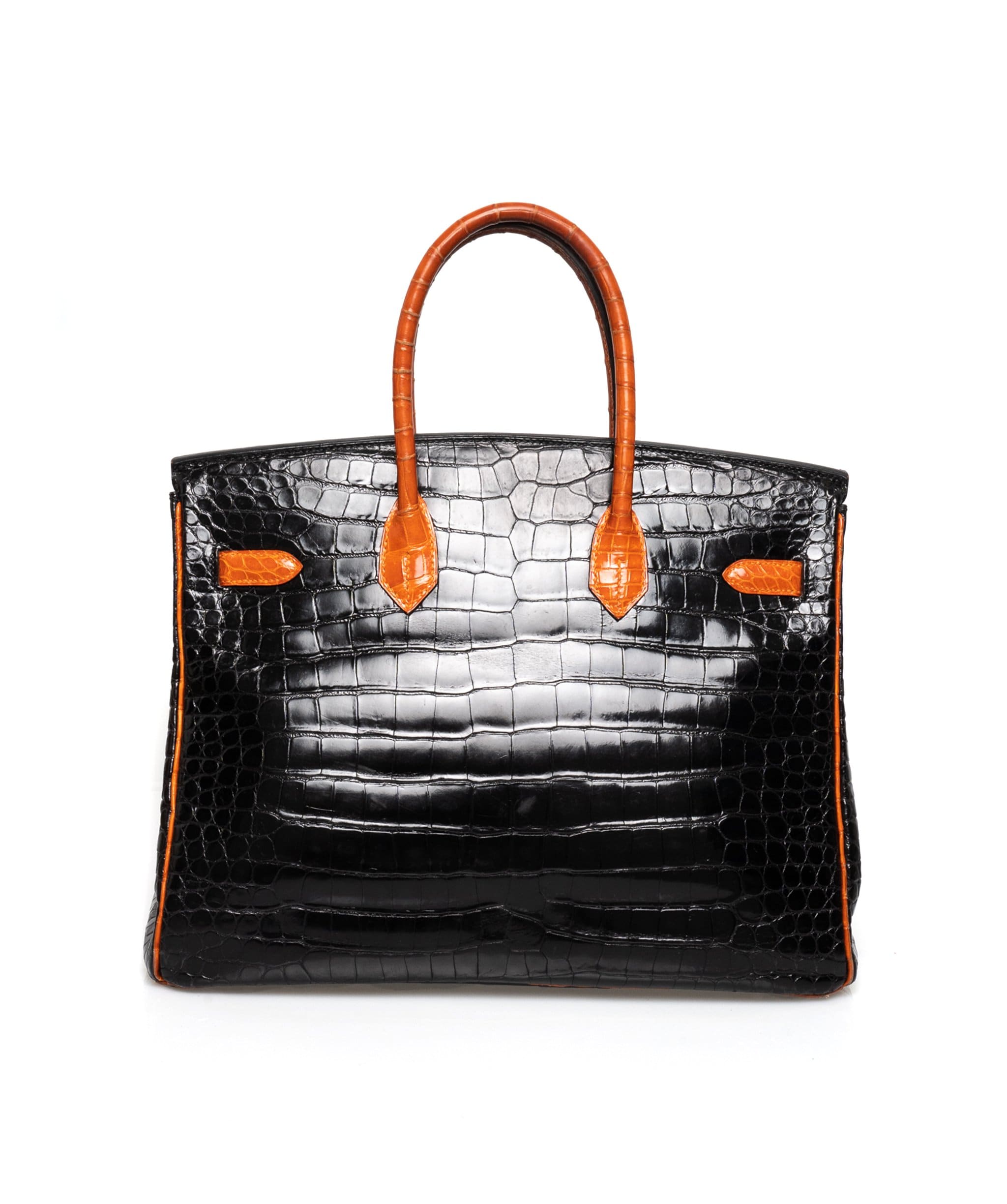 Hermès Preloved Hermes Birkin 35 Black and Feu Shiny Porosus Croc with PHW - NW3258