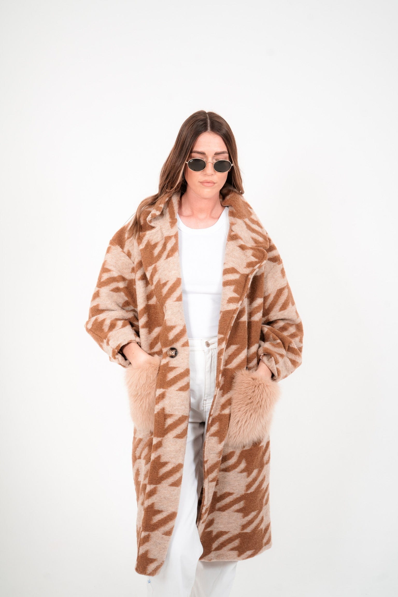 Luxury Promise Camel Houndstooth Coat with Fur pockets - AWC1157