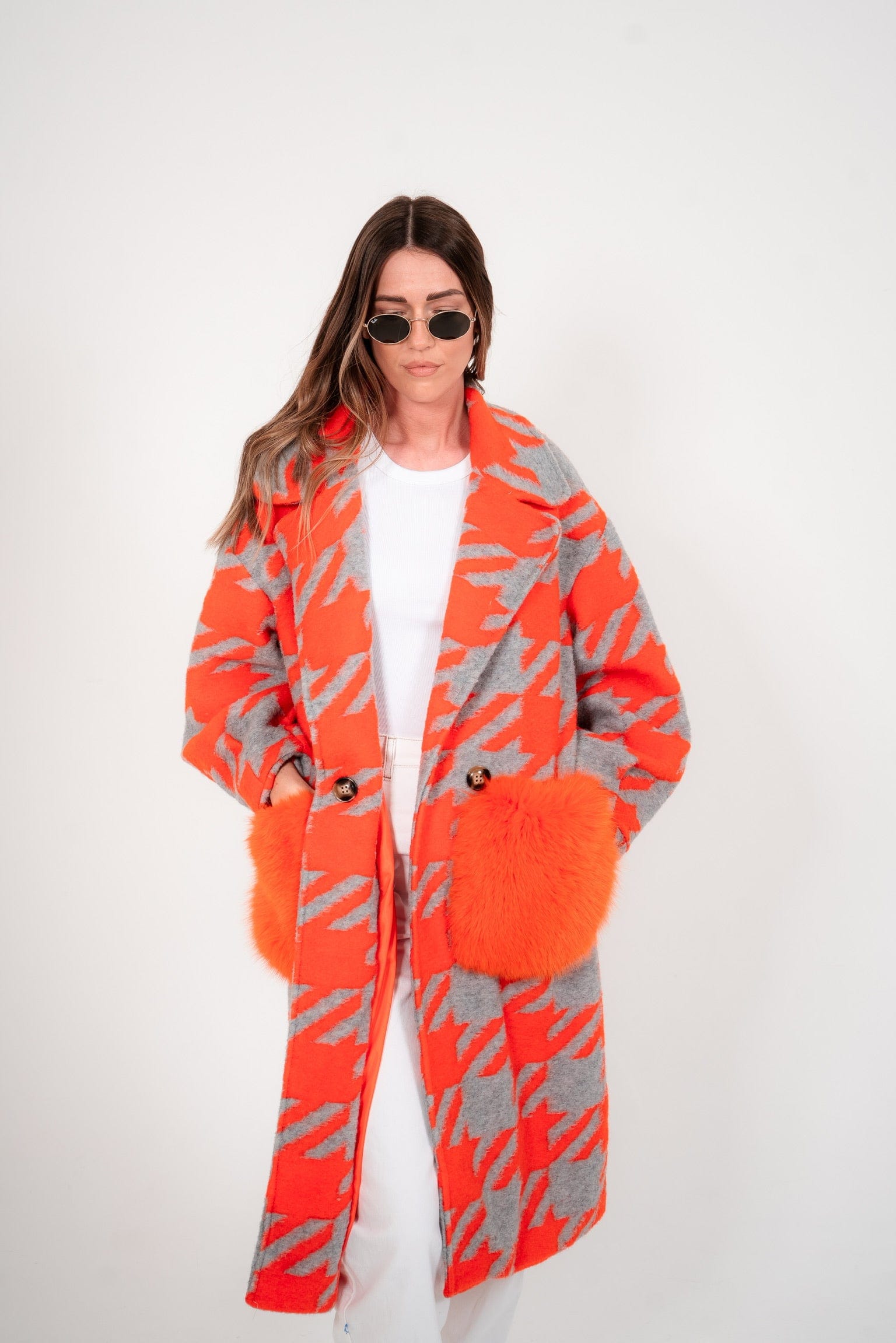 Luxury Promise Orange Houndstooth Coat with Fur pockets - AWC1159