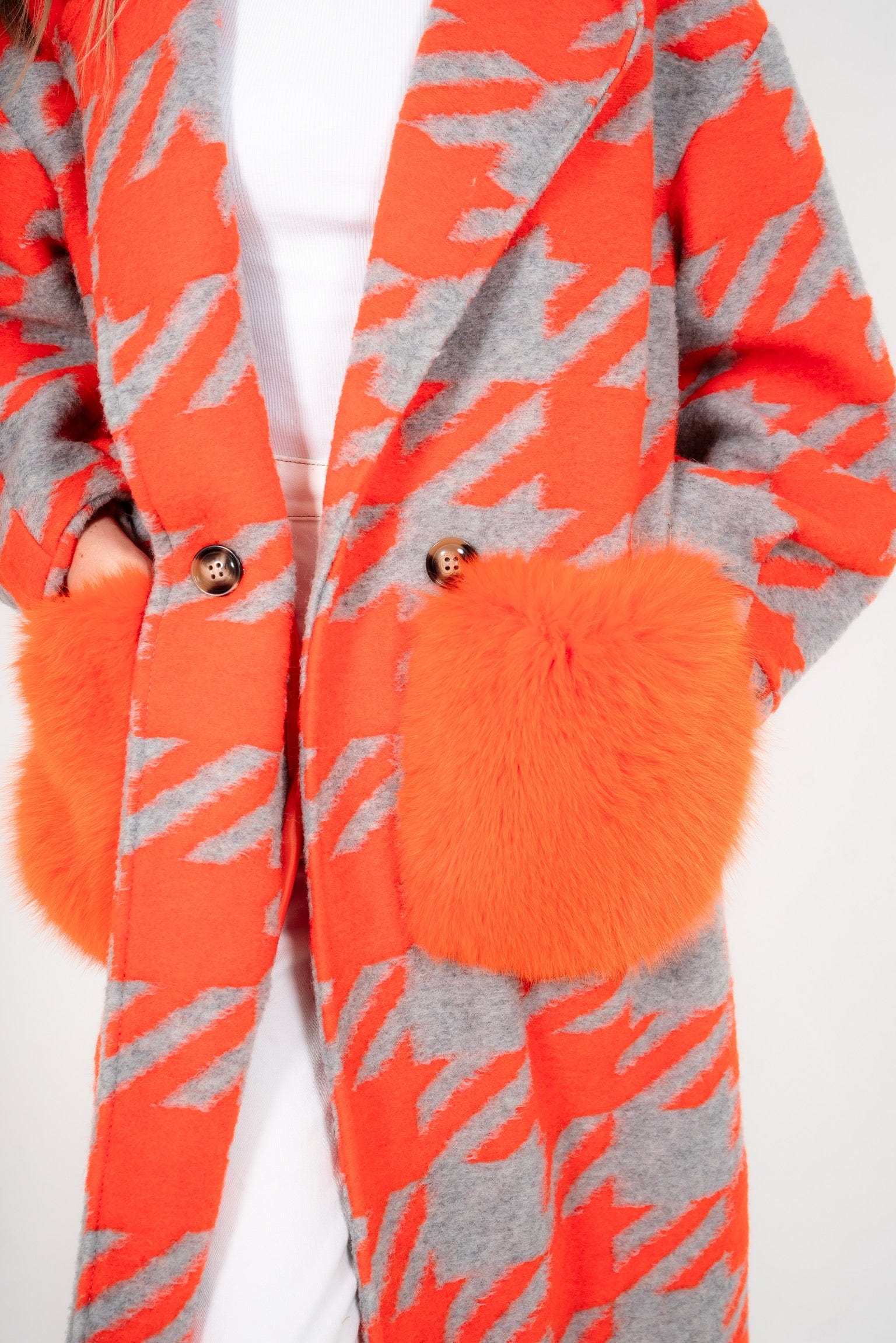 Luxury Promise Orange Houndstooth Coat with Fur pockets - AWC1159