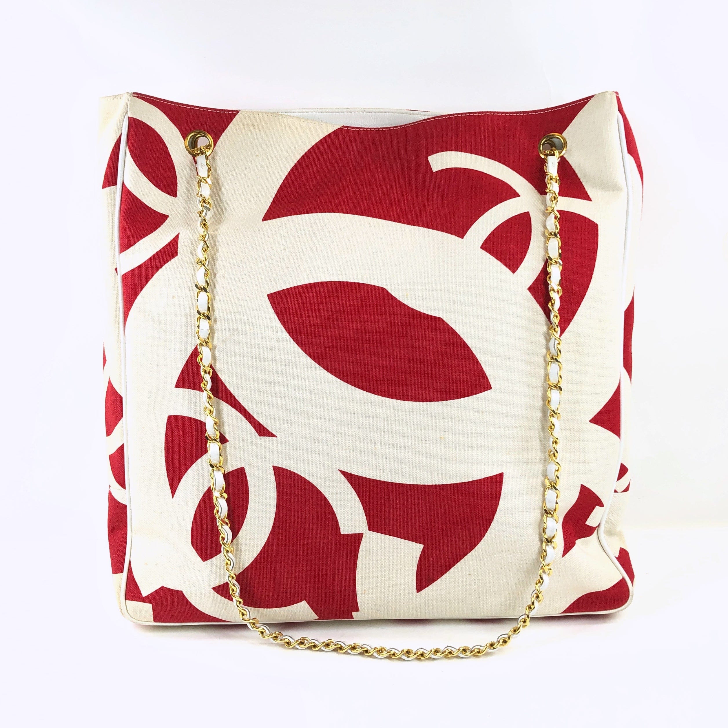 LuxuryPromise Chanel Chain Tote Bag canvas red x white