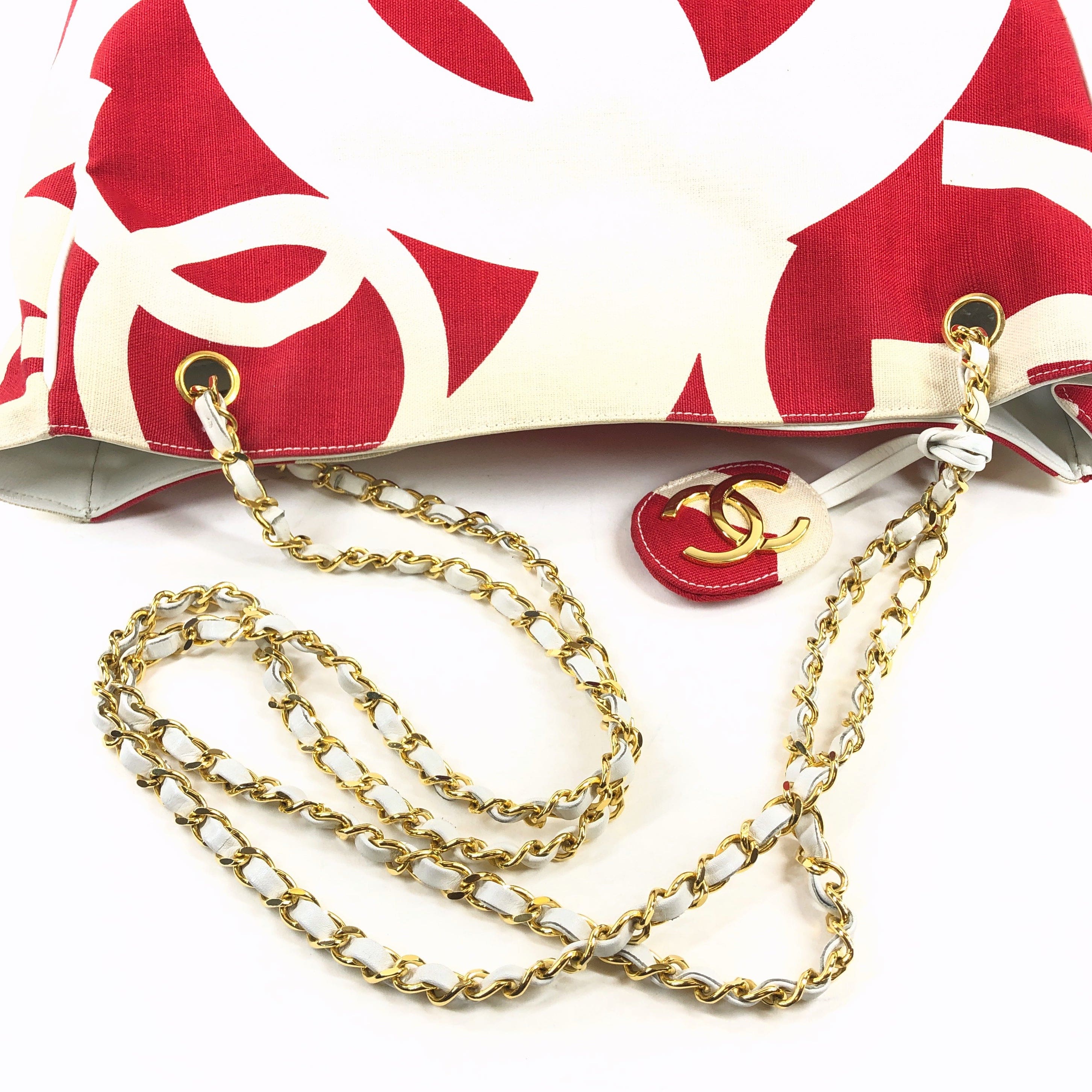 LuxuryPromise Chanel Chain Tote Bag canvas red x white