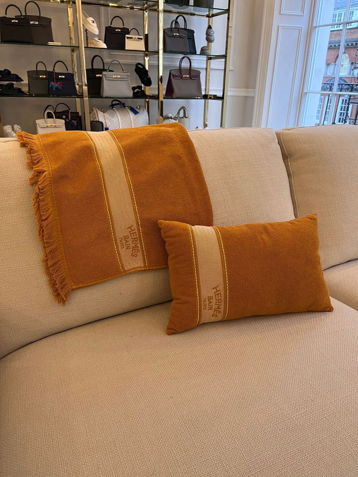 LuxuryPromise Hermes yachting towel and pillow carame