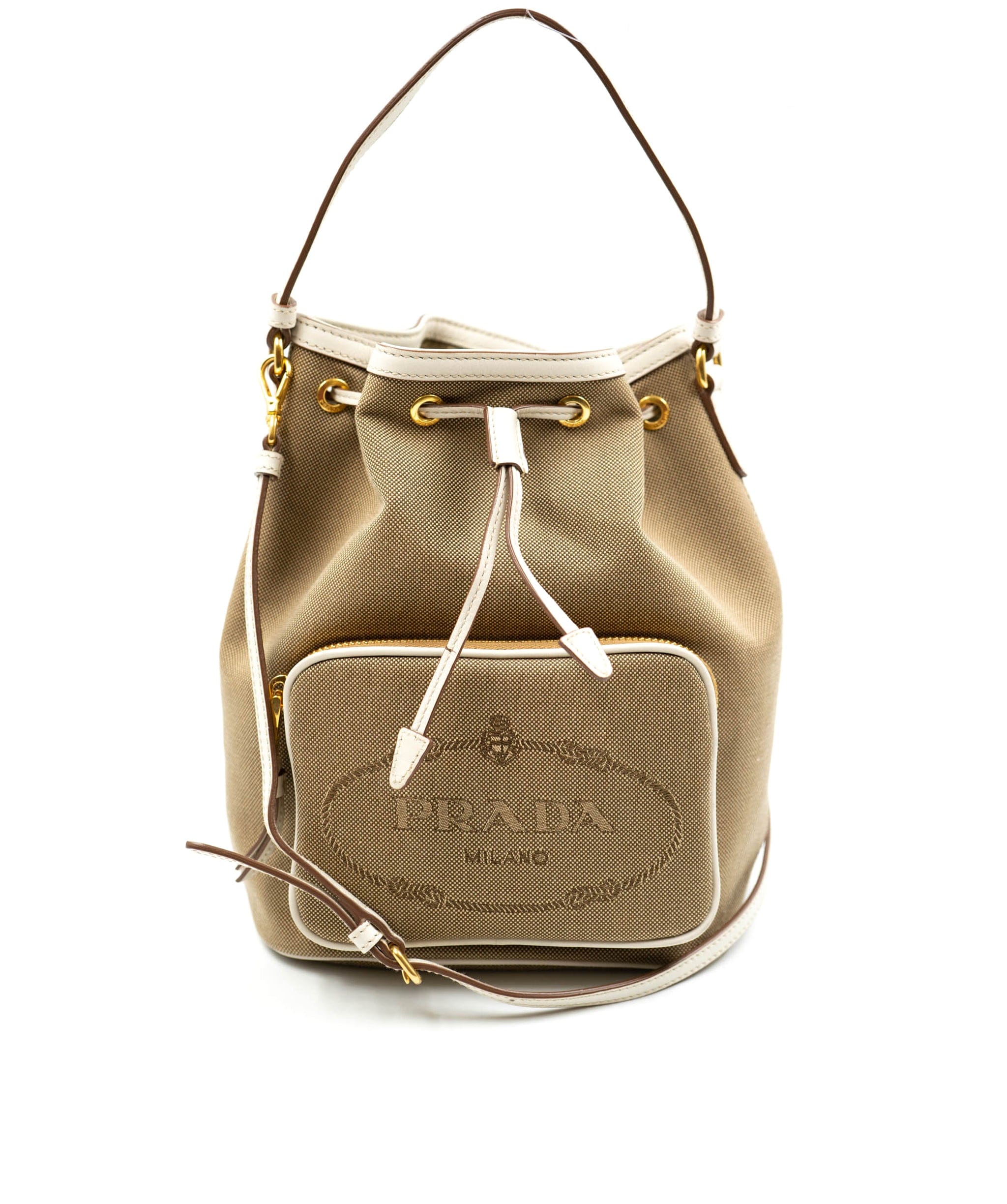 Prada Bow Prada Brown Canapa Logo Canvas Bucket Bag White Beige - AWL3913