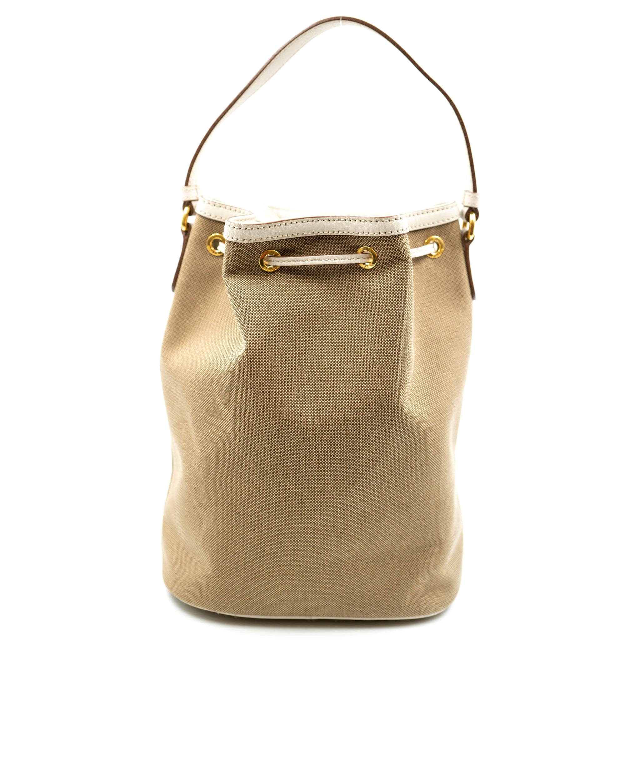 Prada Bow Prada Brown Canapa Logo Canvas Bucket Bag White Beige - AWL3913