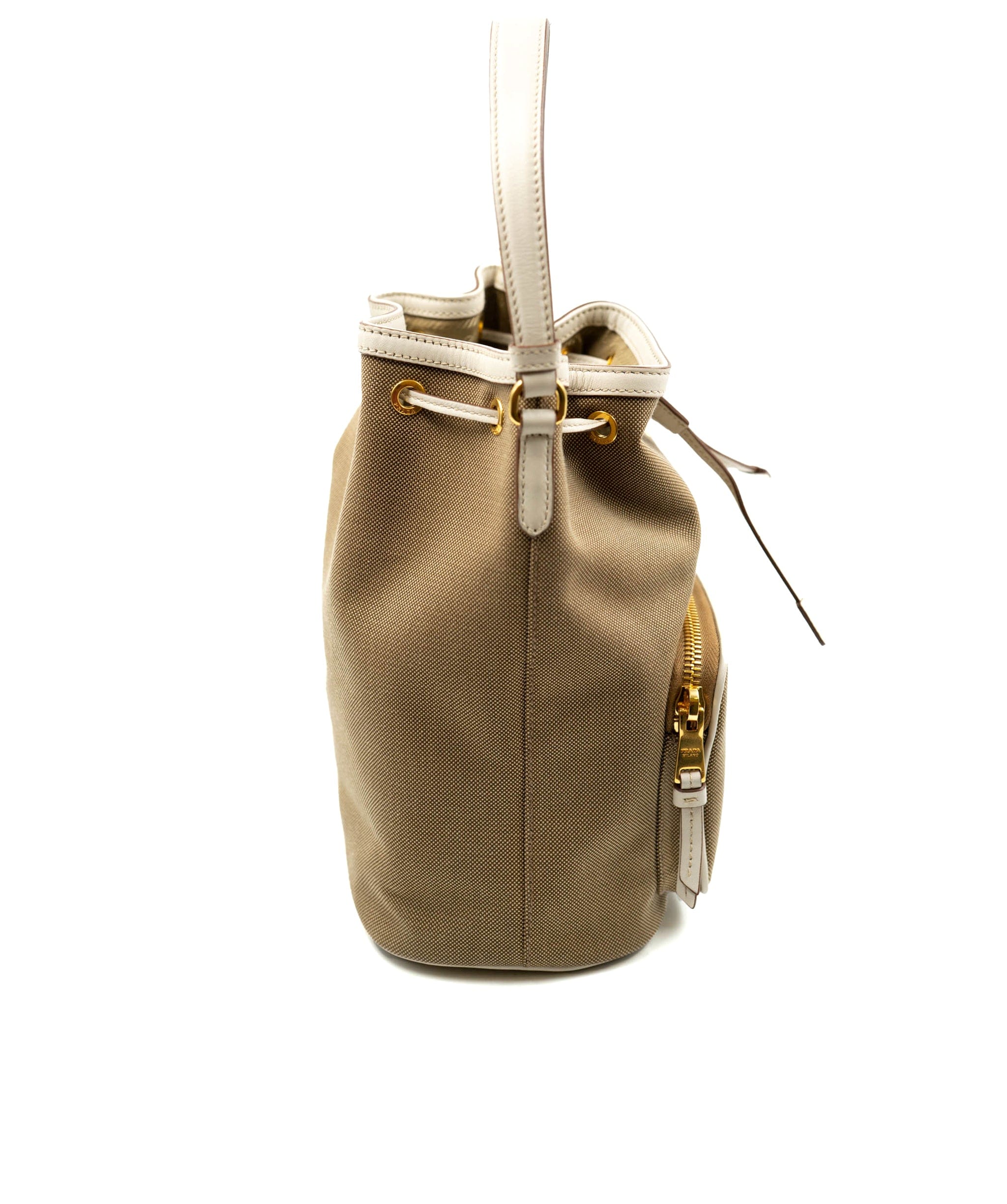 Prada Bow Prada Brown Canapa Logo Canvas Bucket Bag White Beige - AWL3913