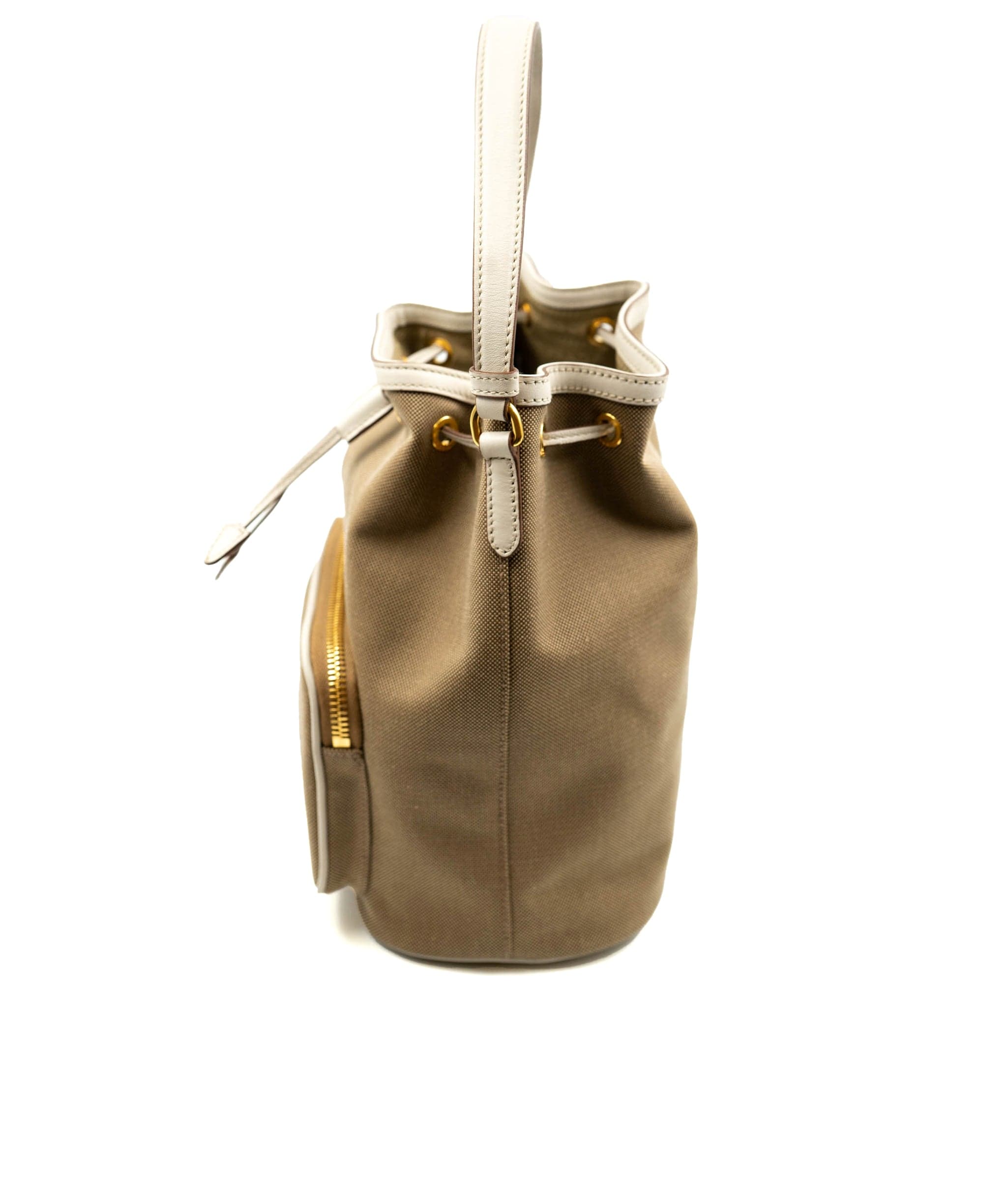 Prada Bow Prada Brown Canapa Logo Canvas Bucket Bag White Beige - AWL3913