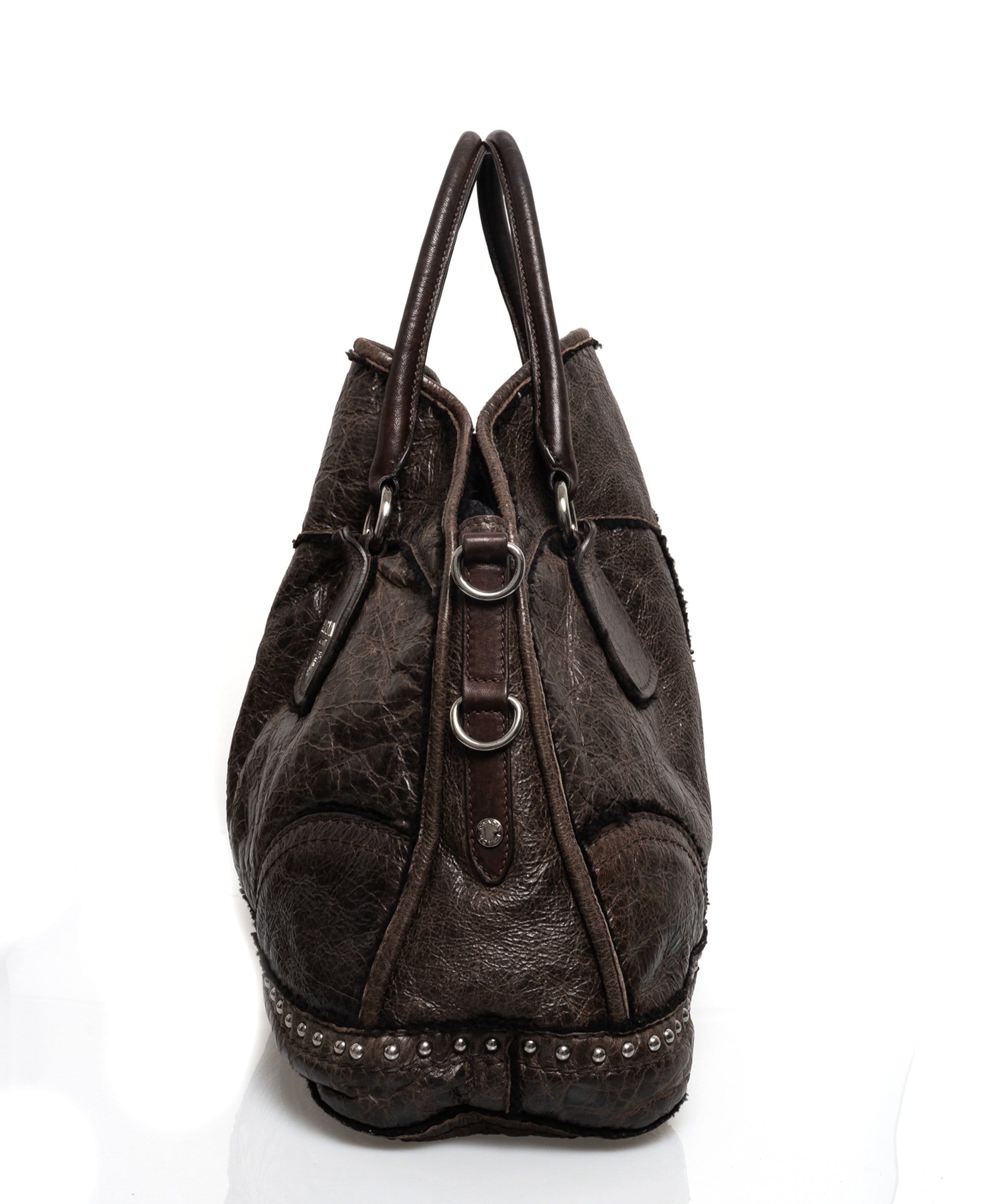 Prada Prada Brown Distressed Shearling Leather Top Handle Bag - MW2460