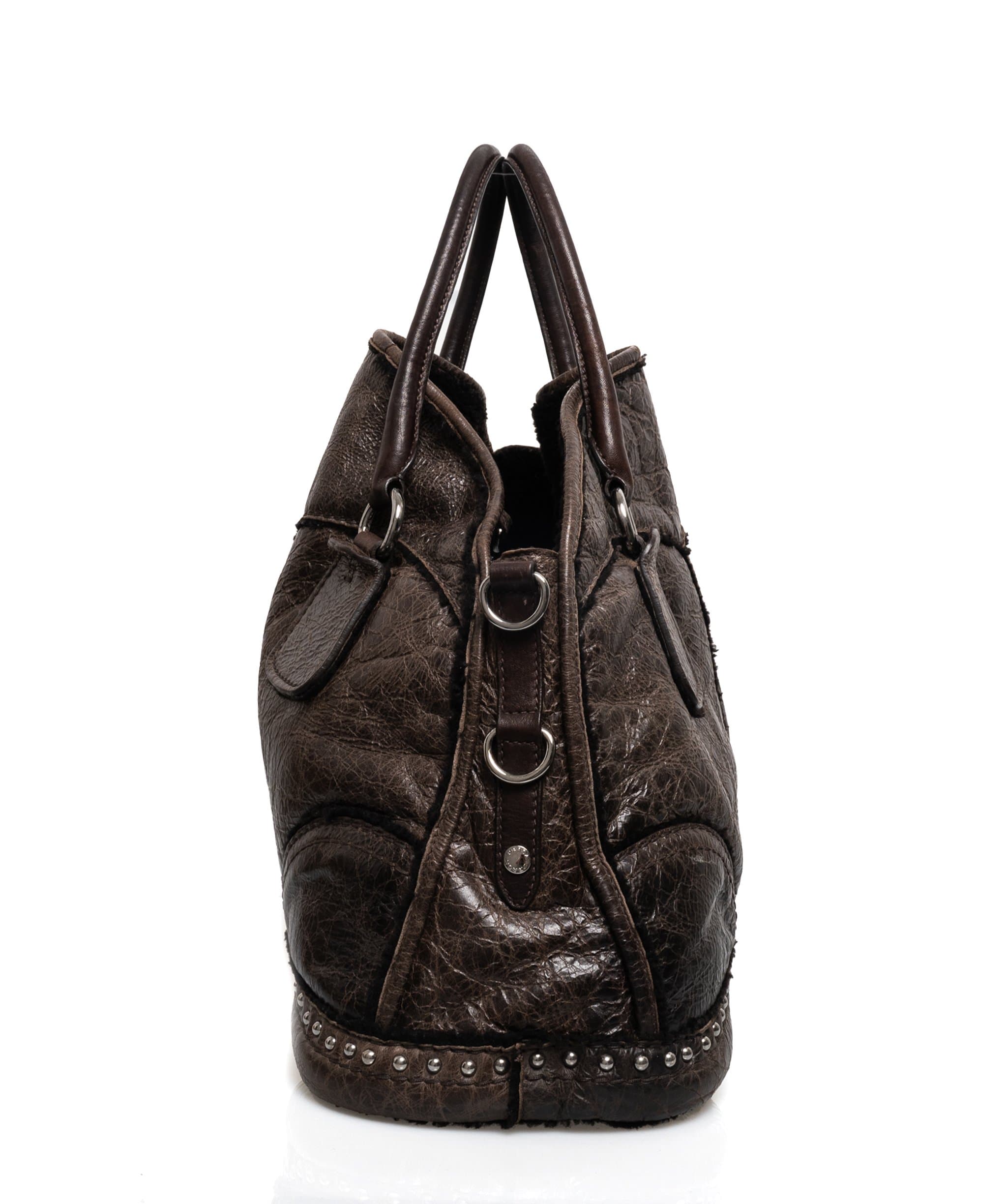 Prada Prada Brown Distressed Shearling Leather Top Handle Bag - MW2460