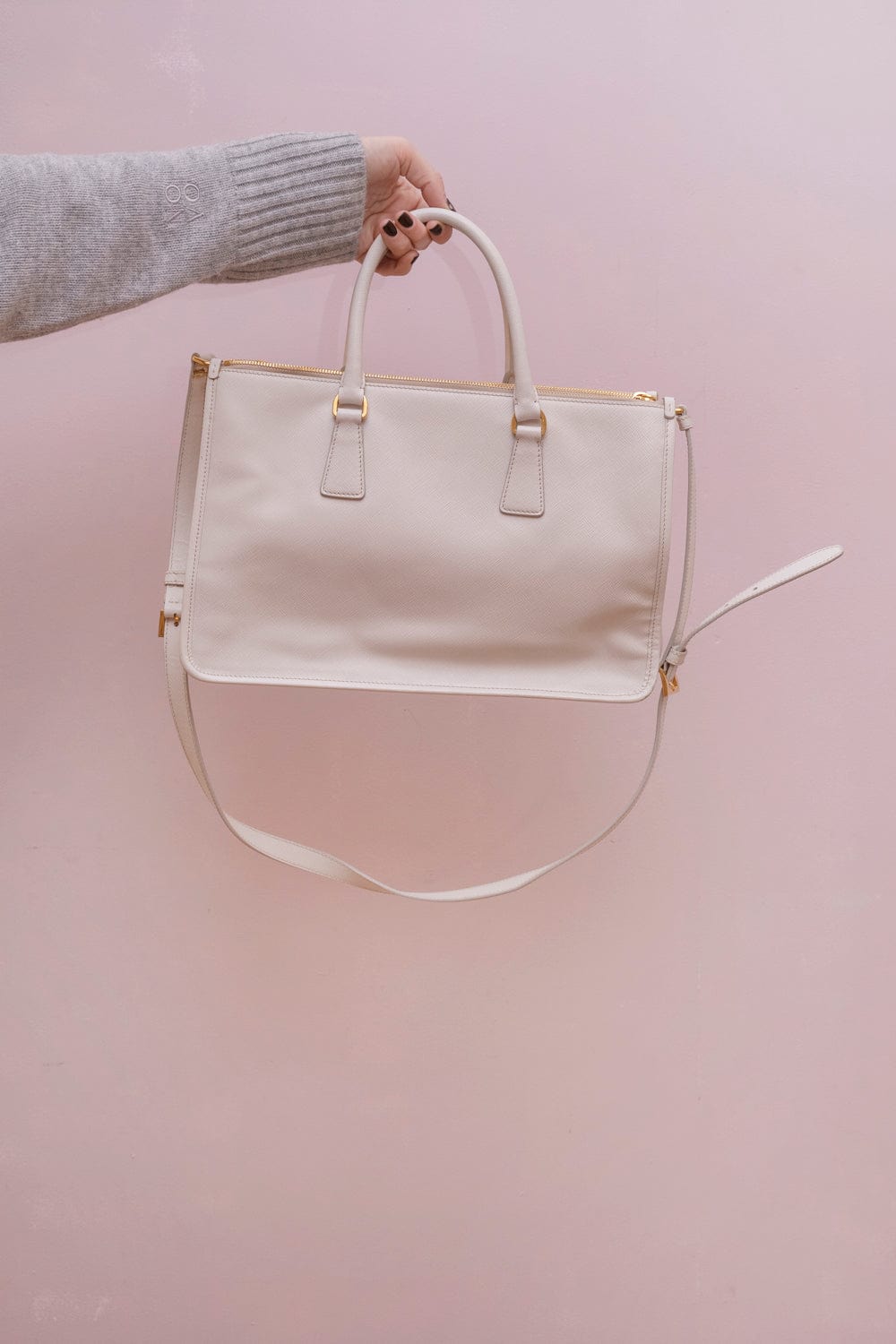 Prada Prada Cream Saffiano Leather Double Zip Tote Bag - AGL1650