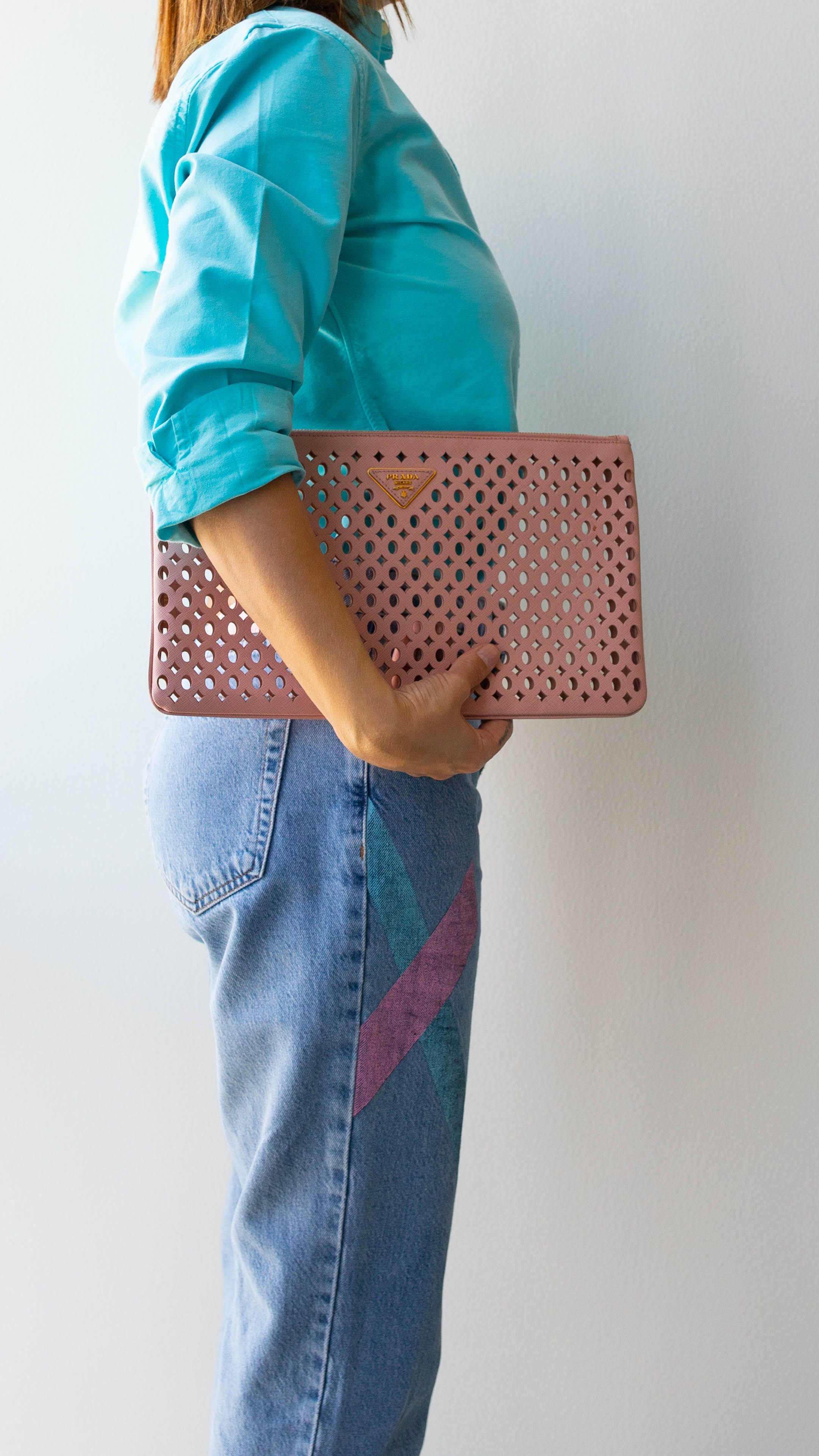 Prada Prada Pink Perforated Clutch RJL1678