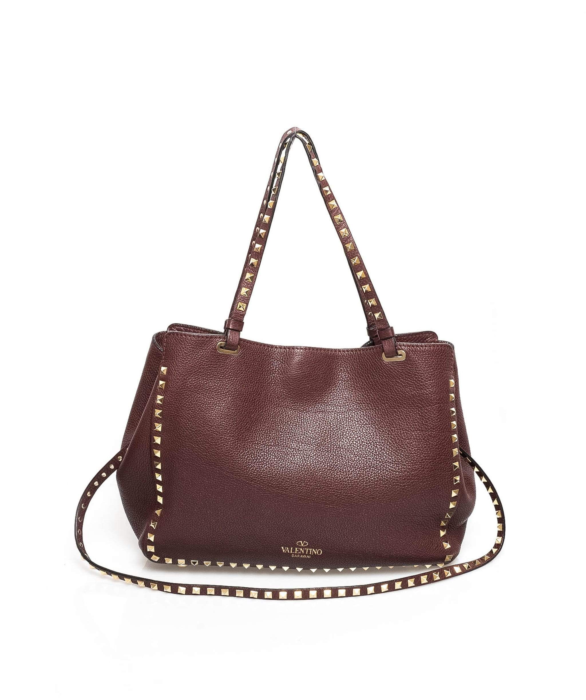 Valentino Valentino Burgundy Leather Rockstud Tote Bag - AGL1361