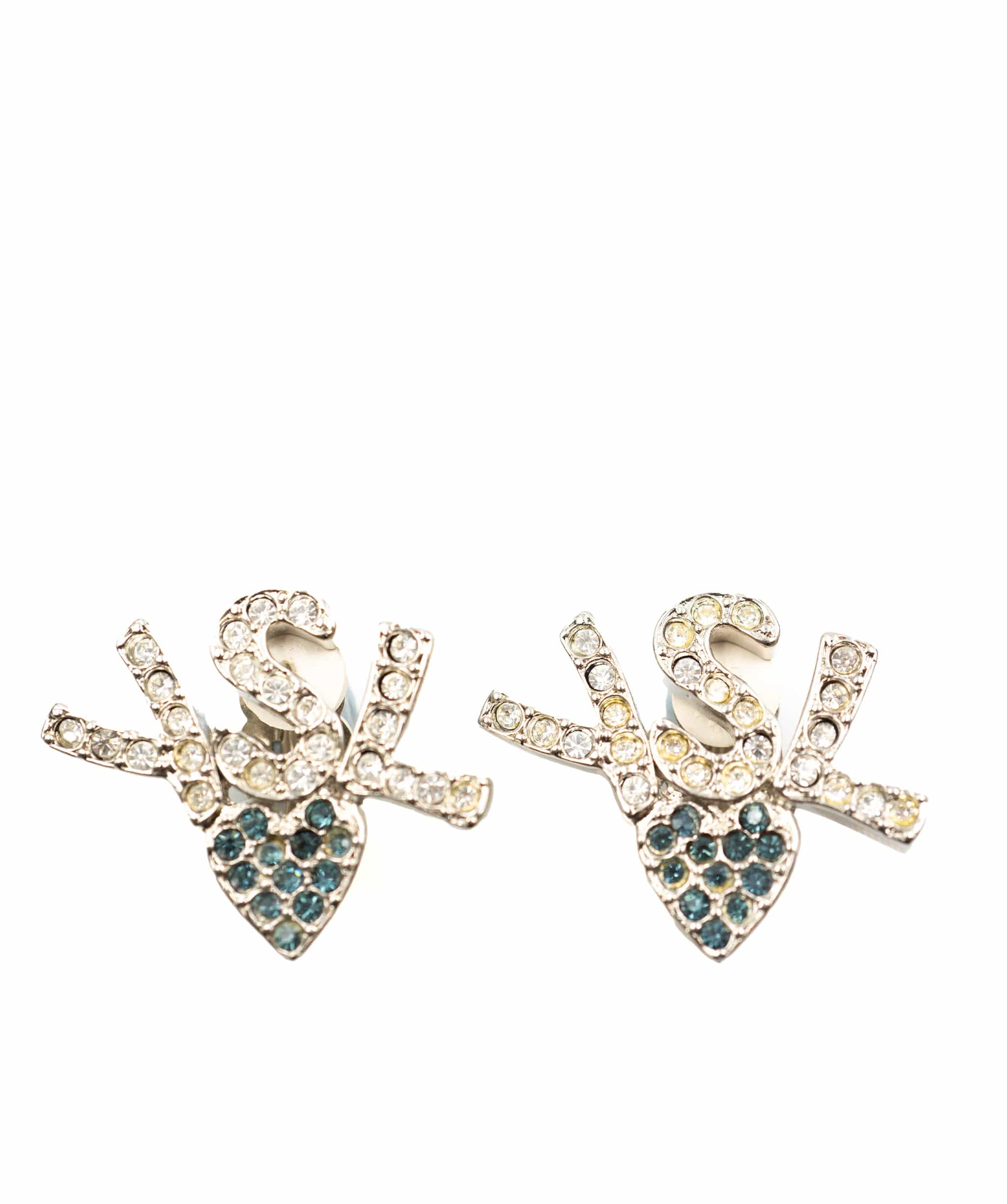 Yves Sain Laurent YSL logo silver crystal x blue heart earrings - AWL3595