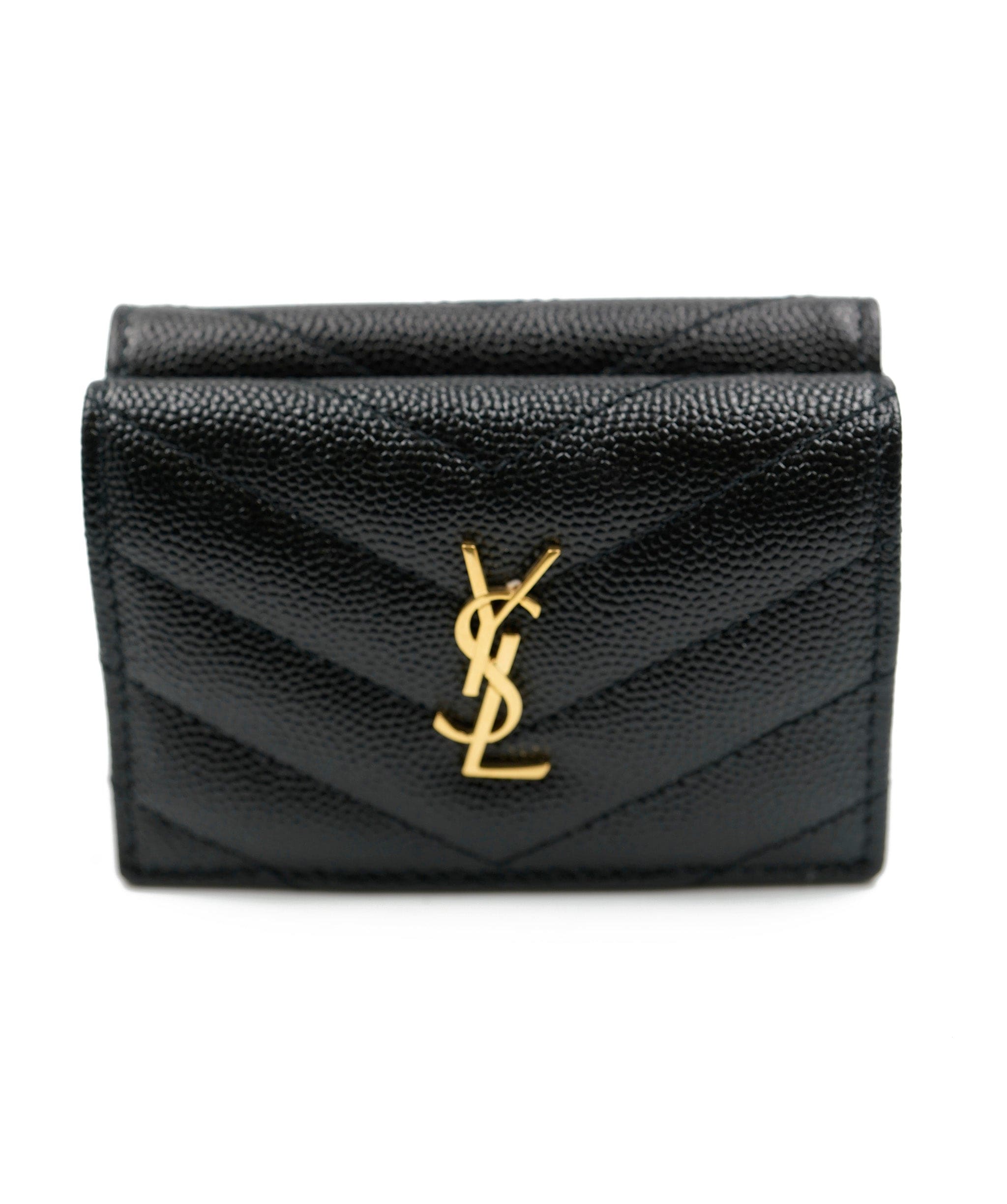 Yves Saint Laurent YSL grained leather black small compact wallet with gold hardware ASL5462