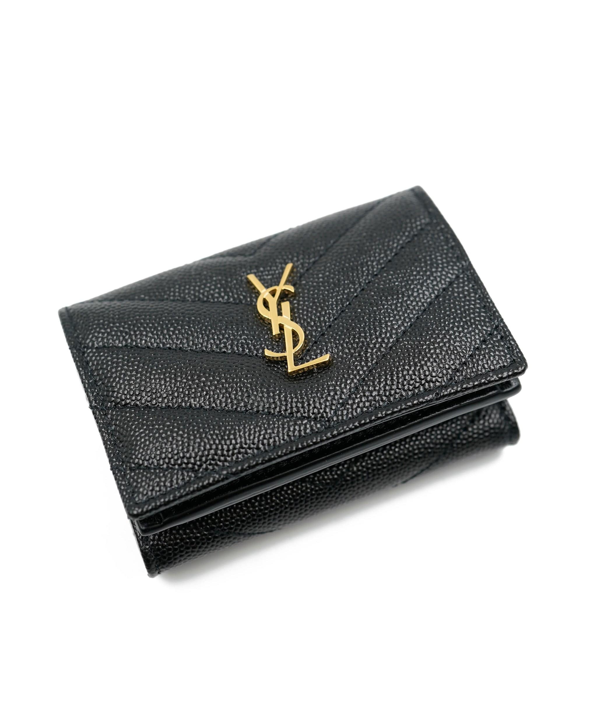 Yves Saint Laurent YSL grained leather black small compact wallet with gold hardware ASL5462