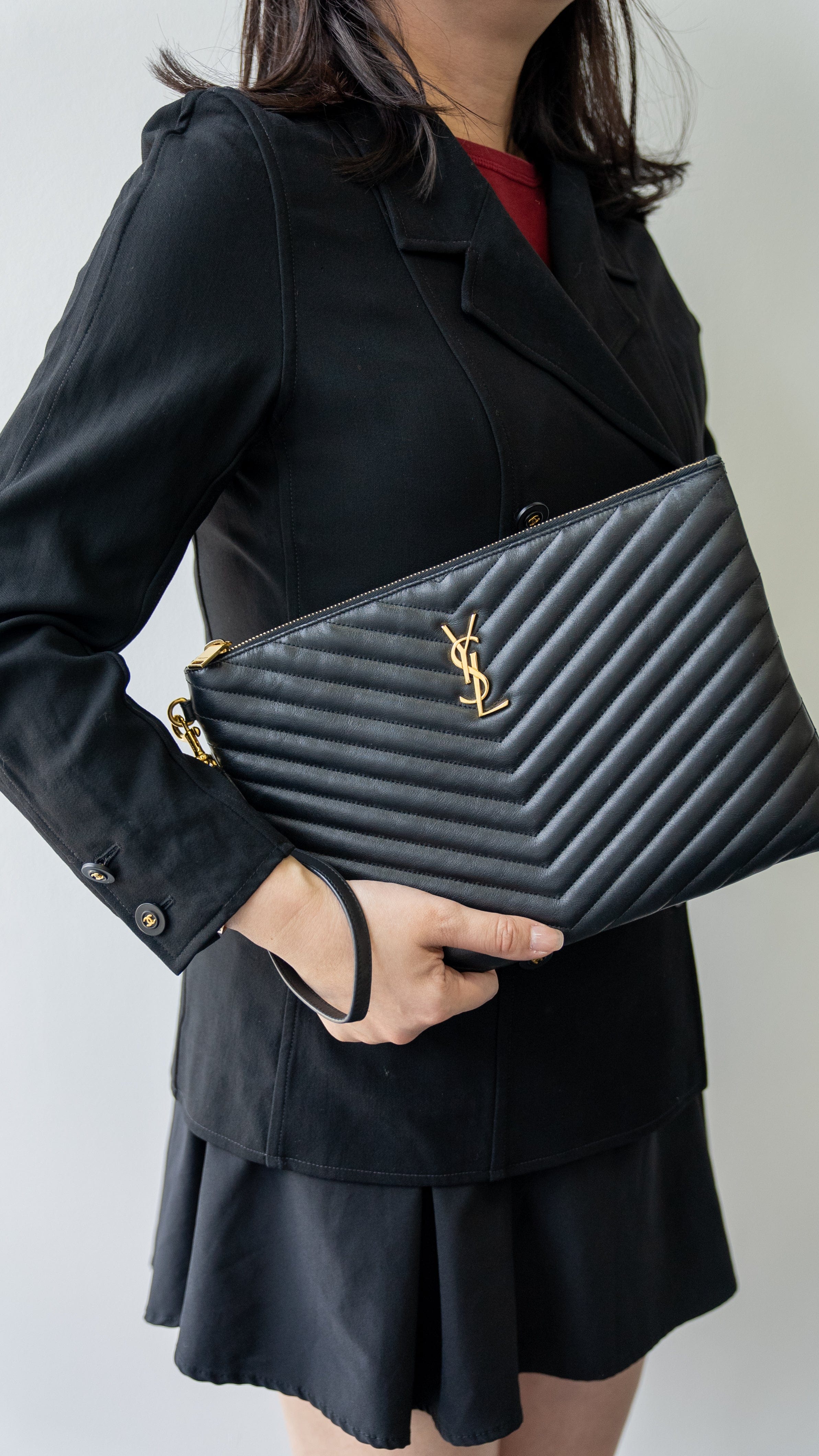 Yves Saint Laurent Ysl Black Chevron Clutch RJL1812