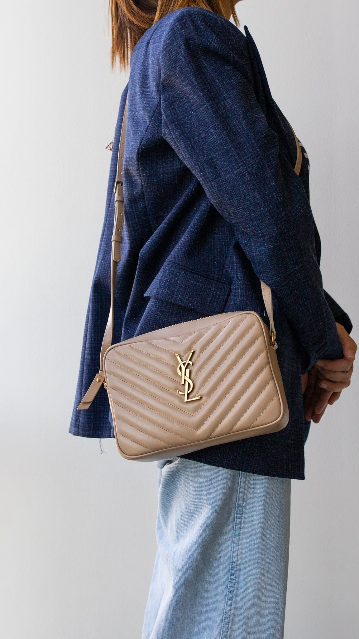 Yves Saint Laurent YSL Lou Chevron Beige Camera bag RJL1584