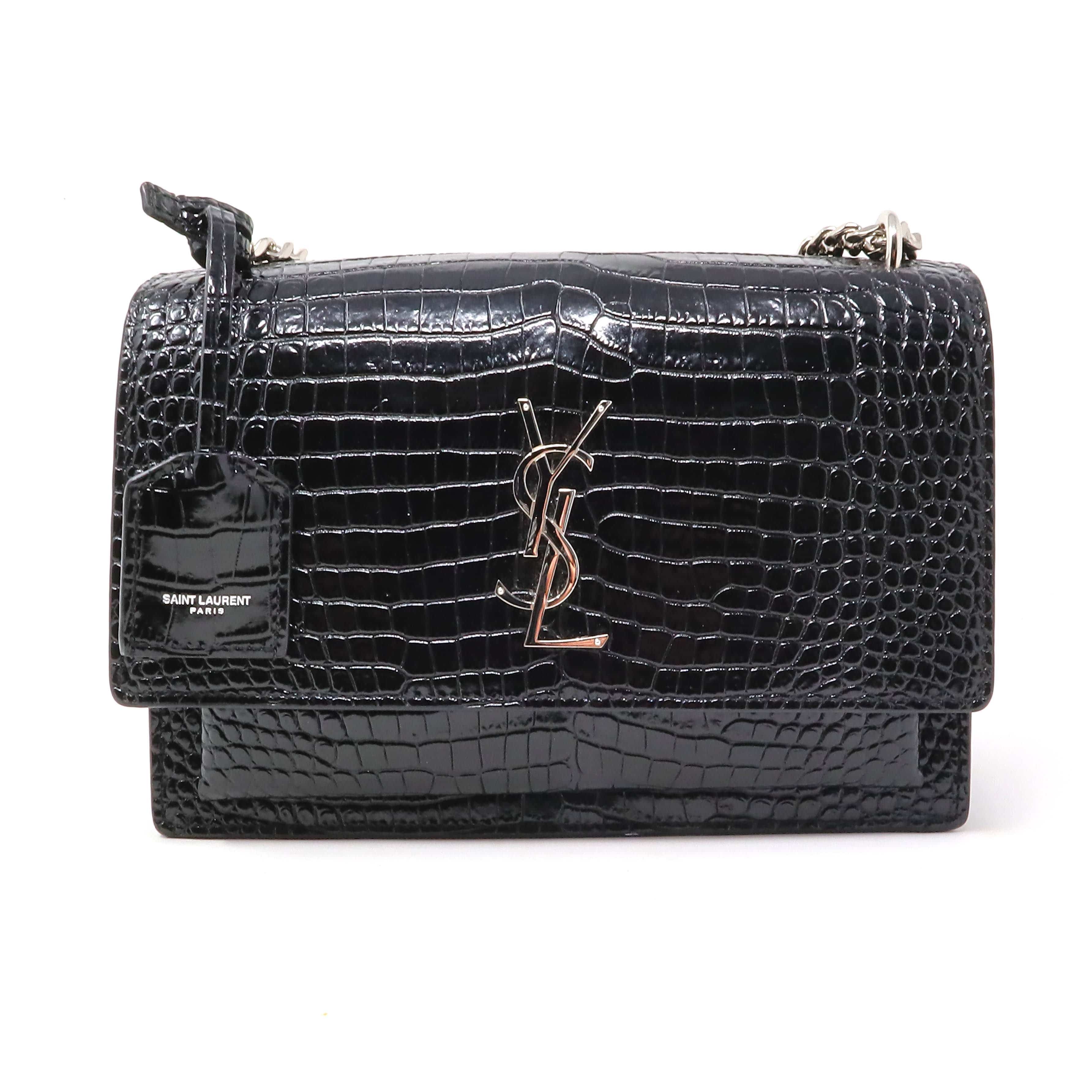 Yves Saint Laurent YSL Sunset Shiny Black Crocodile Embossed Bag