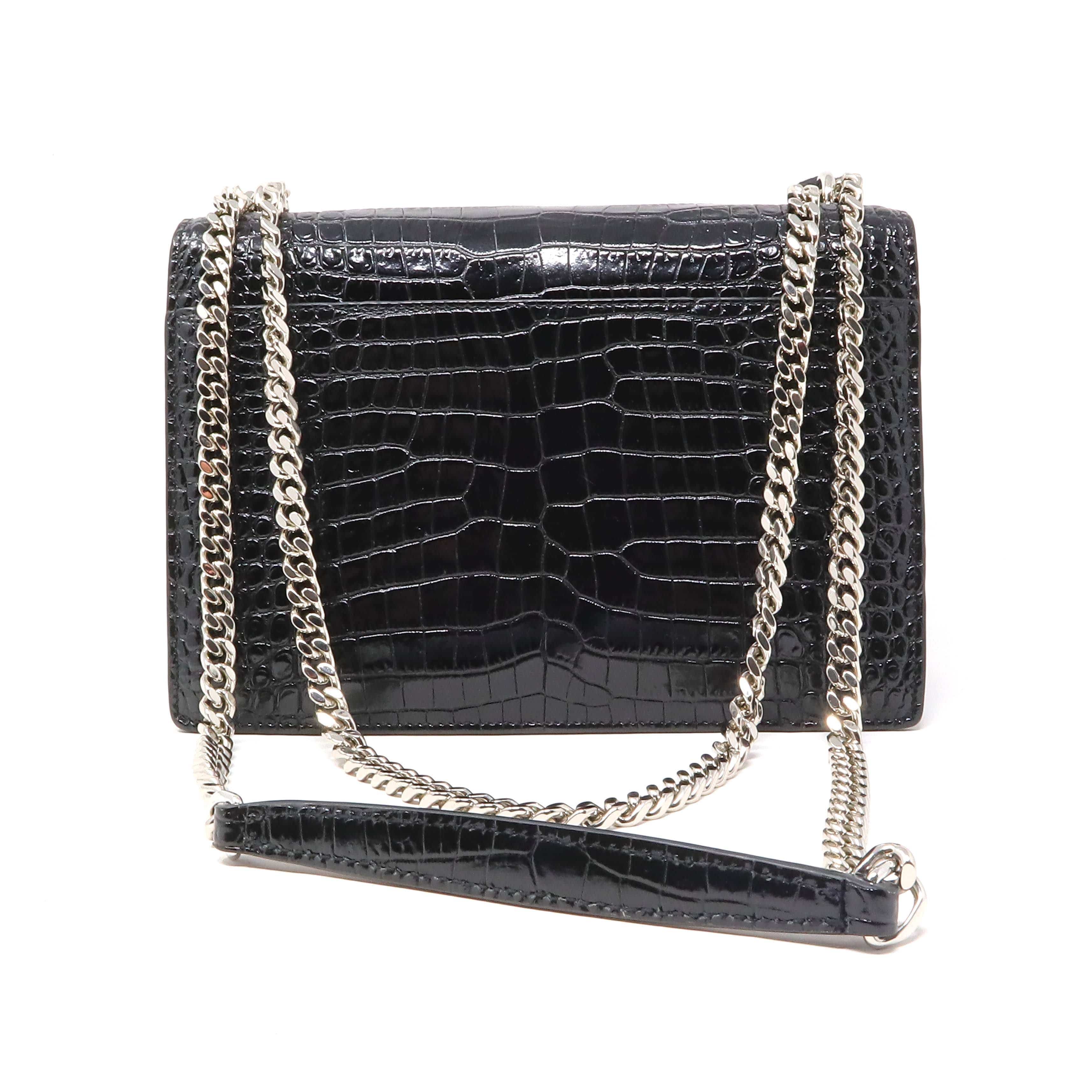 Yves Saint Laurent YSL Sunset Shiny Black Crocodile Embossed Bag