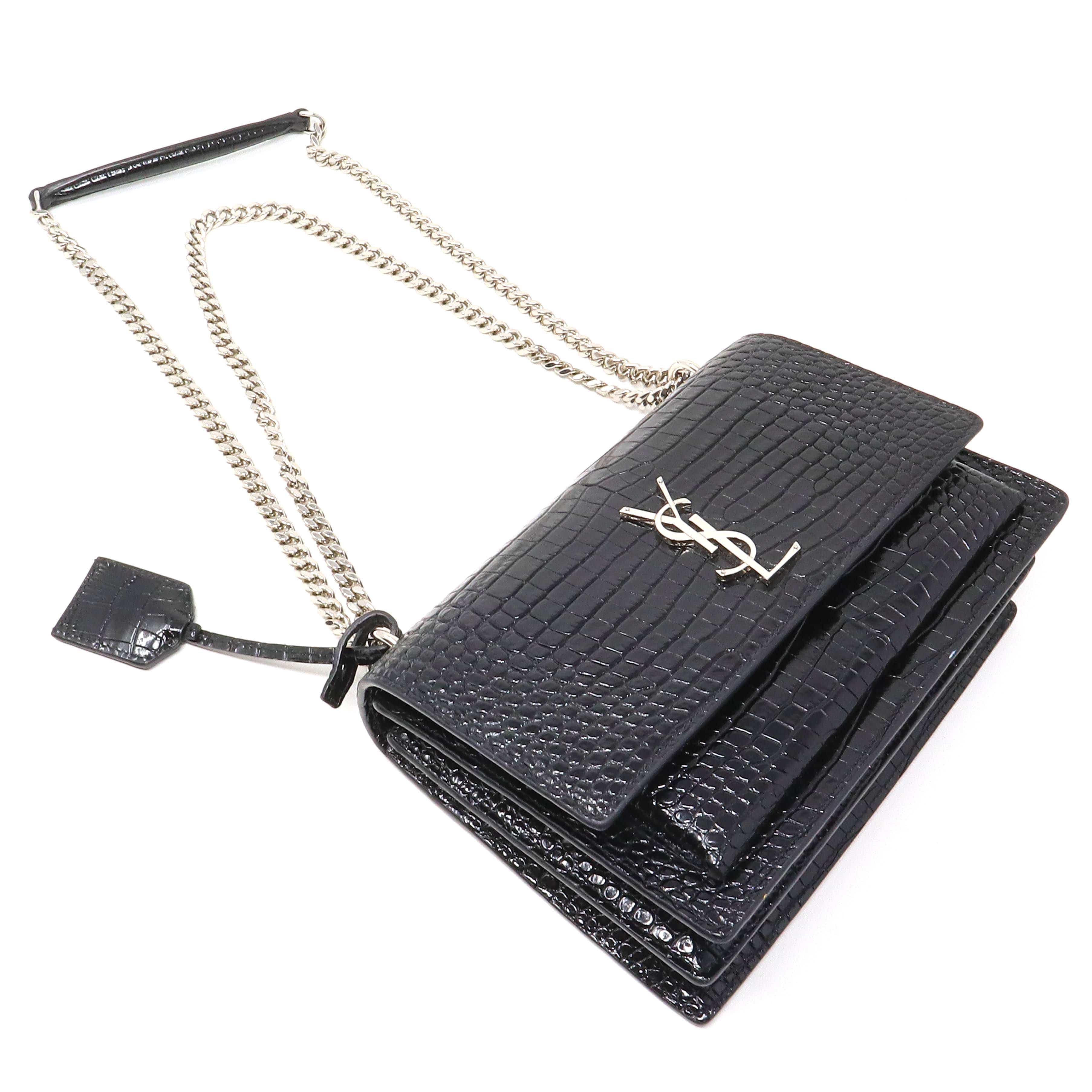 Yves Saint Laurent YSL Sunset Shiny Black Crocodile Embossed Bag