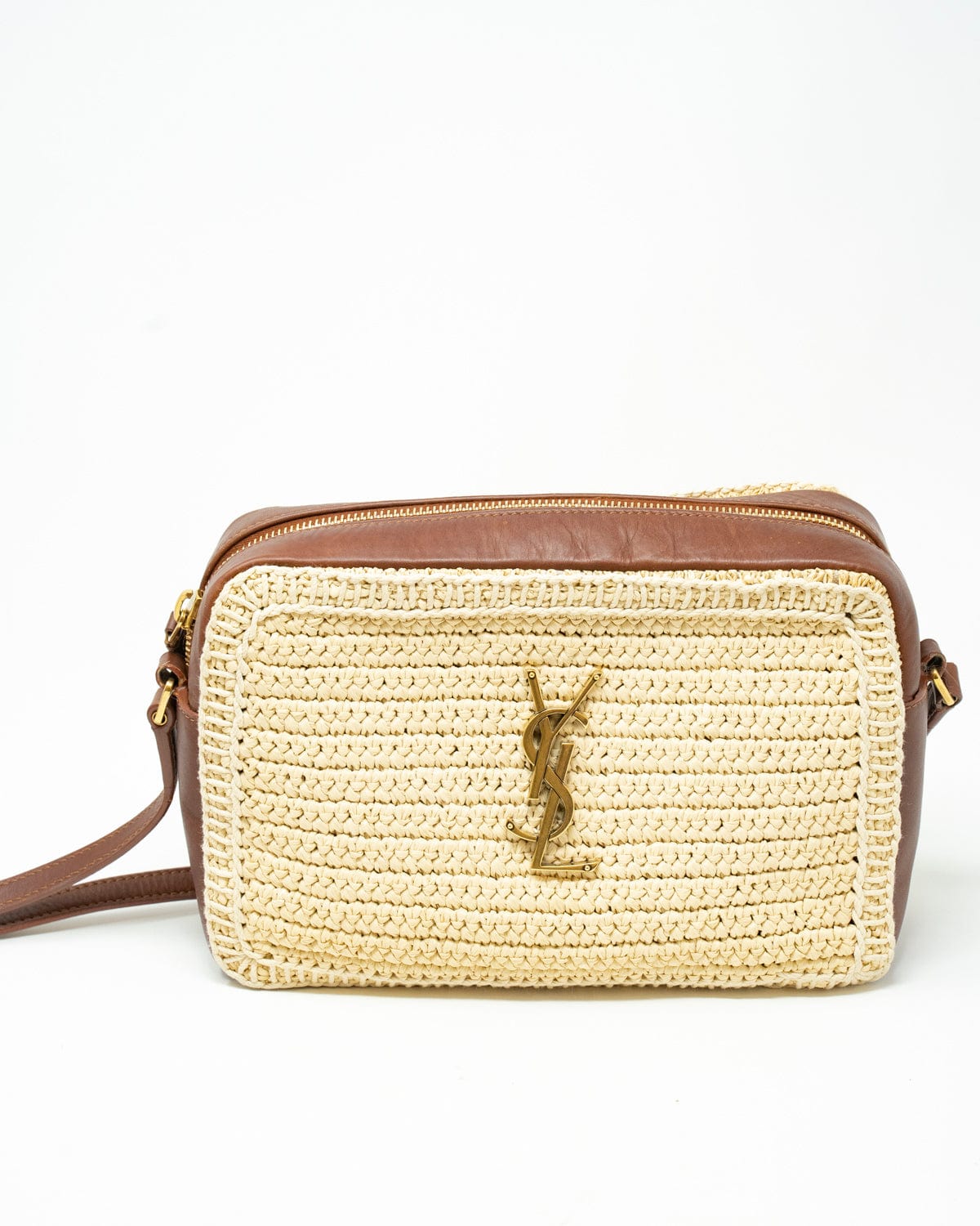 Yves Saint Laurent Yves Saint-Laurent Raffia and Leather Lou Camera Crossbody Bag - AAT8353